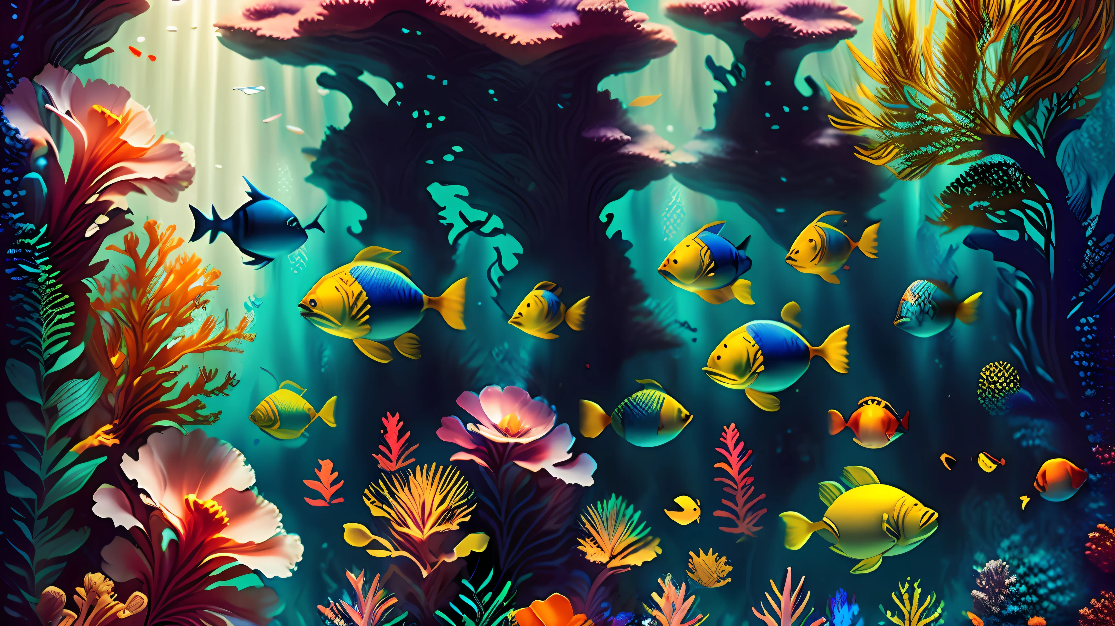 A stunning underwater scene, with various types of fish and colorful corals. Medium: Digital illustration. Style: Hyper-realistic, with references to the works of Roger Dean. Lighting: Sunlight penetrates the surface of the water, creating a stunning effect. Colors: Blue and green palette, with accents in red, yellow, and orange. Composition: Uses a wide perspective, focusing on details and depth of field.