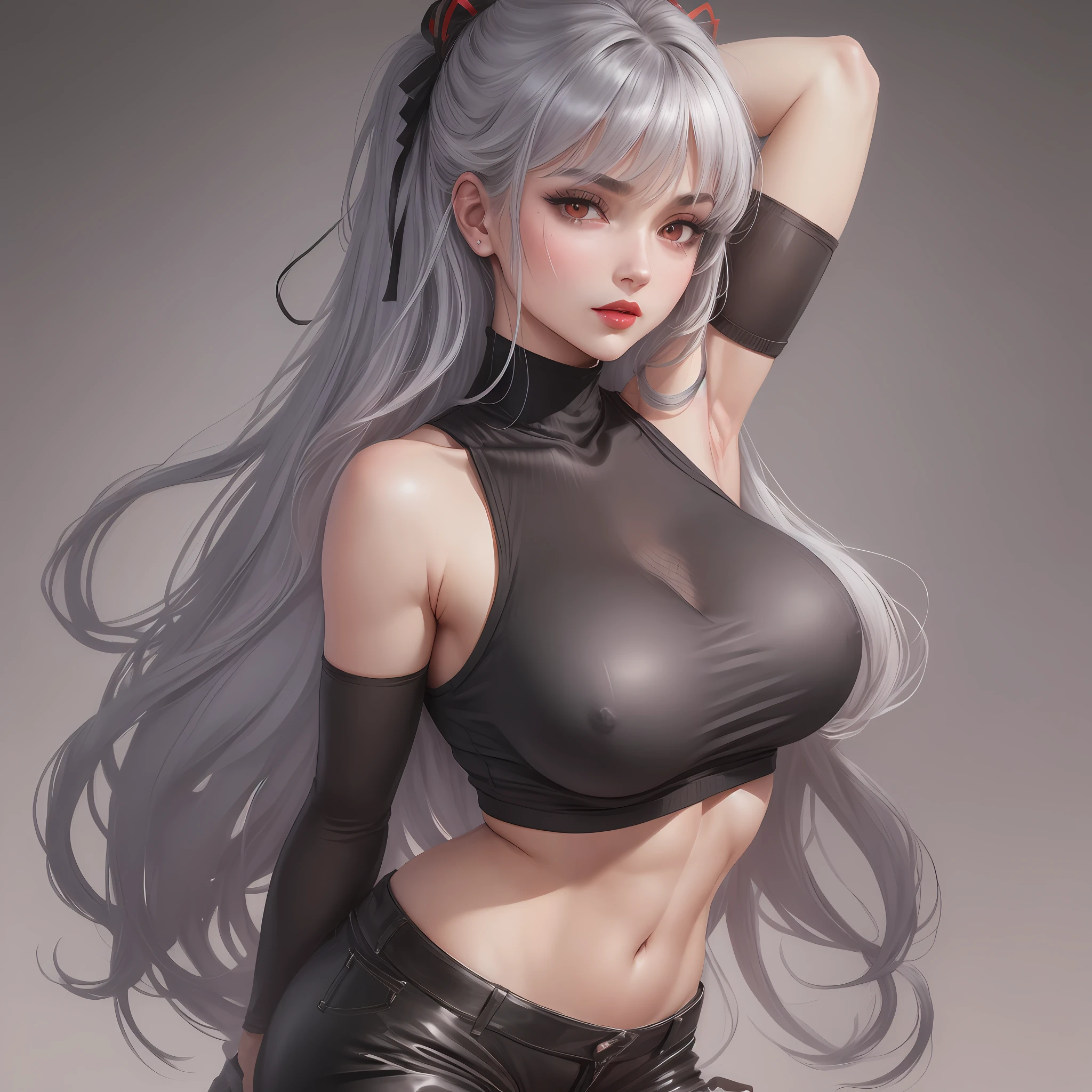 girl, bangs, bare shoulders, black pants, breasts, breasts squeezed together, gray background, hair between eyes, long hair, lace, pants, parted lips, red eyes, shirt, simple background, sleeveless, sleeveless shirt, solo, turtleneck sweater, V-arms, gray hair, (shiny skin), (masterpiece: 1.4), (best quality: 1.4), ,,, Facigirl, red lips, perfect abs, navel, (:1.5), (transparent areola), , huge, sweat, --auto --s2
