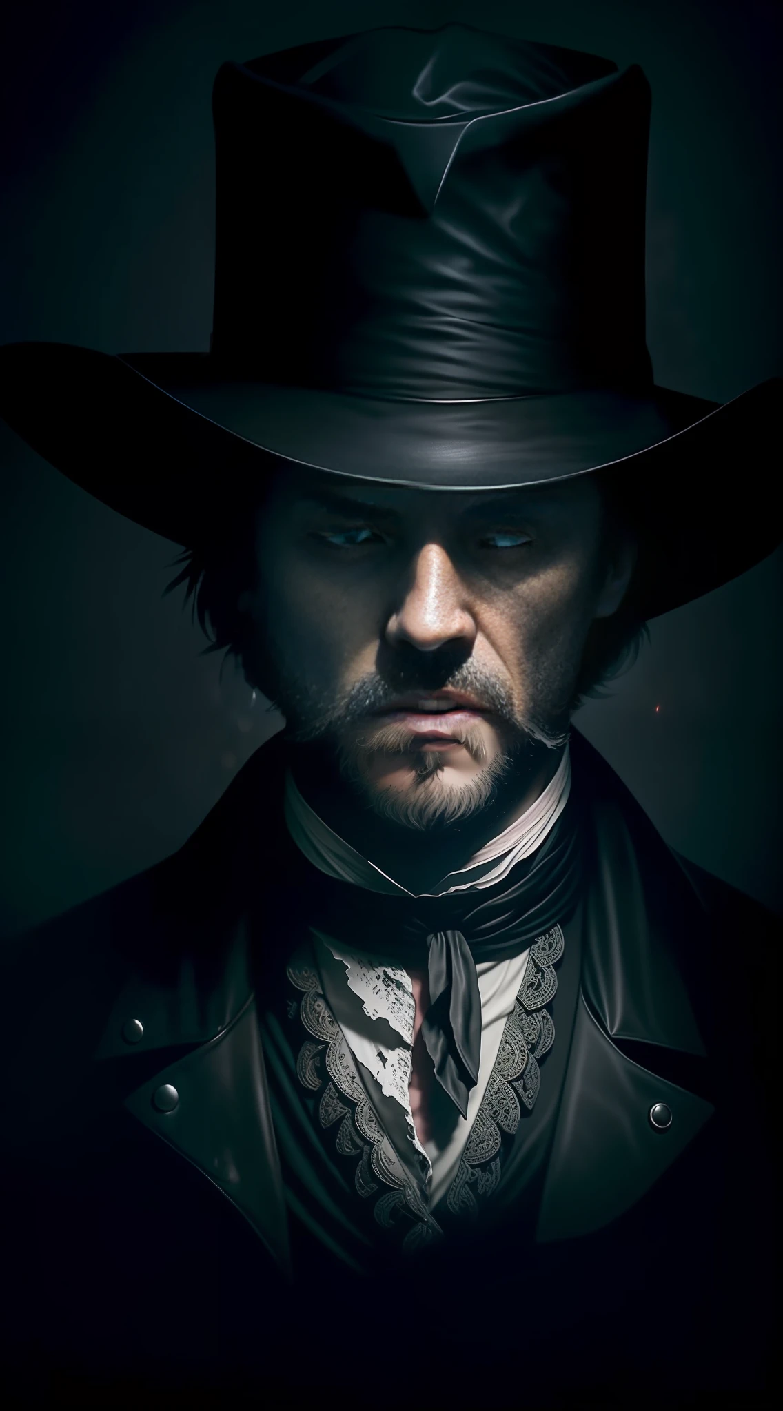 "A realistic 8k image of Jack the Ripper, wearing a hat that covers his eyes and making direct eye contact with the viewer, portrayed in a dark and mysterious style."