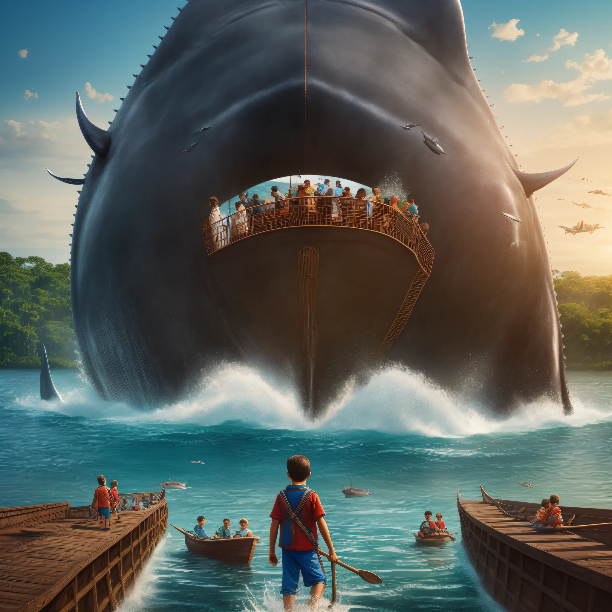 Make an image for the cover of a book called: "The Boy of the Ravines and the Iron Whales." Iron whales is a euphemism for ferries and ferries. The landscape is the Rio Negro in the Amazon, with several children playing in the river, near a plateau near this river, in the river there are royal victories, it takes place in a morning, the image breaks down near a center of a busy city, the ferry connects two different cities. --auto --s2