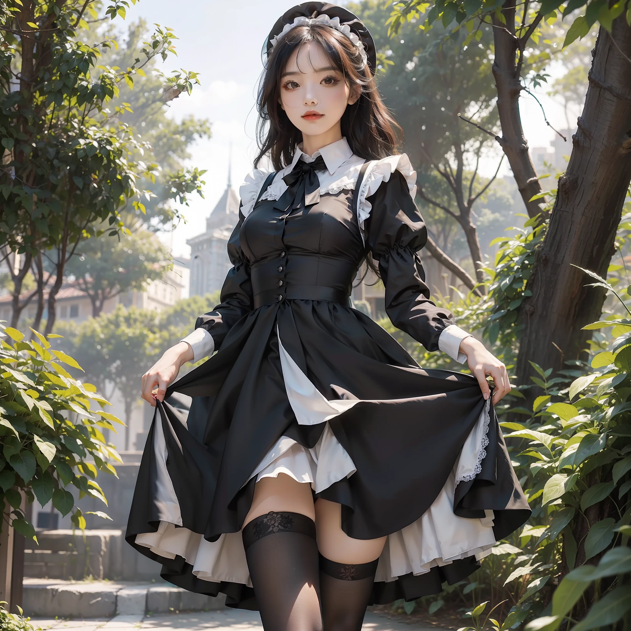 (masterpiece), (best quality), perfect face, perfect body, 1girl, beautiful girl, stand, posing, maid dress, black silk stockings, hard lighting, natural light, sunny day, outdoor