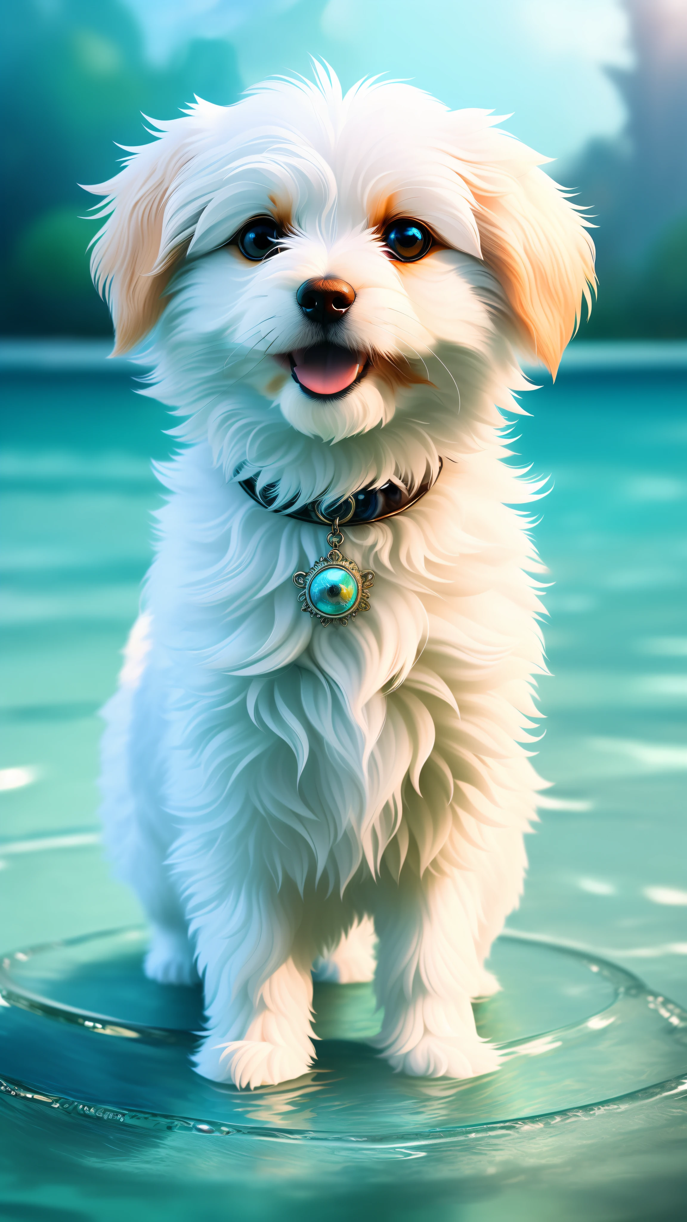 cute fluffy puppy, (((complex details)), HDR, big eyes, (((complex details, super detail)), 8k, art, delicacy, crisp, reality, playing in the water