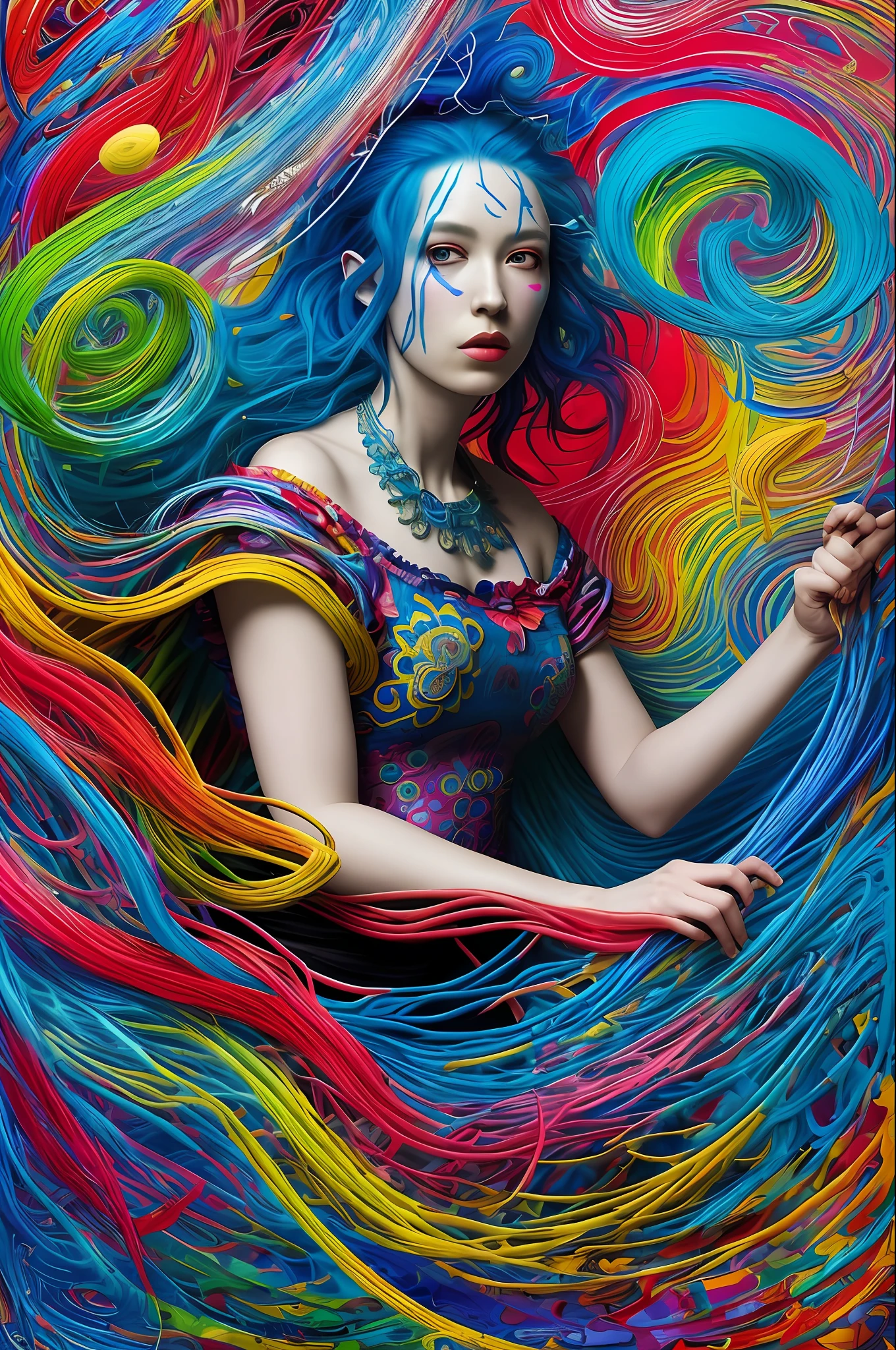 a woman with blue hair wearing a colorful outfit and a colorful background with paint splatters on it, by Hirohiko Araki,official art, unity 8k wallpaper, ultra detailed, beautiful and aesthetic, masterpiece, best quality, (zentangle, mandala, tangle, entangle), 1girl, extremely detailed, dynamic angle, cowboyshot, the most beautiful form of chaos, elegant, a brutalist designed, vivid colours, romanticism, by james jean, roby dwi antono, ross tran, francis bacon, michal mraz, adrian ghenie, petra cortright, gerhard richter, takato yamamoto, ashley wood, atmospheric, ecstasy of musical notes, streaming musical notes visible