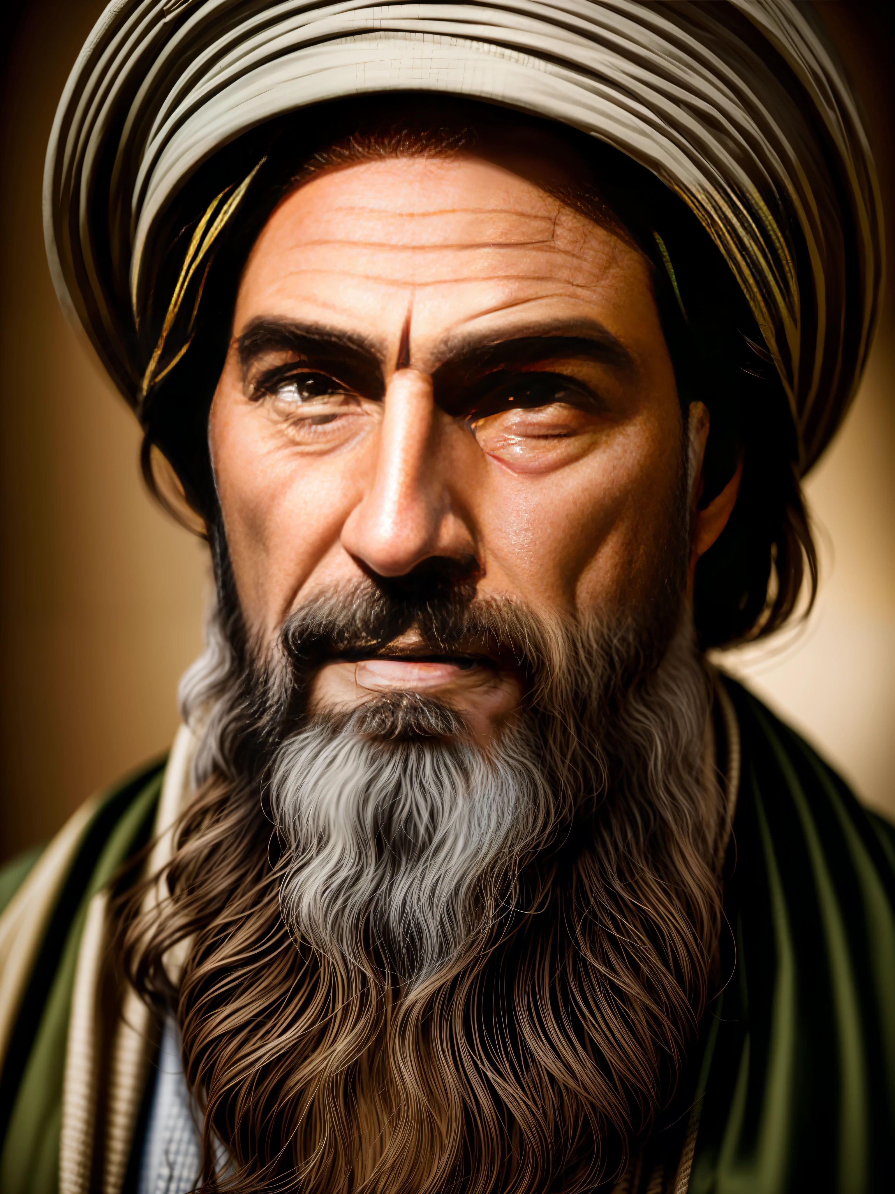 "Extremely detailed and photo-realistic portrayal of the Prophet Isaiah, positioned in the center of the image with direct eye contact with the camera. The image should be based on seed image 154744064."