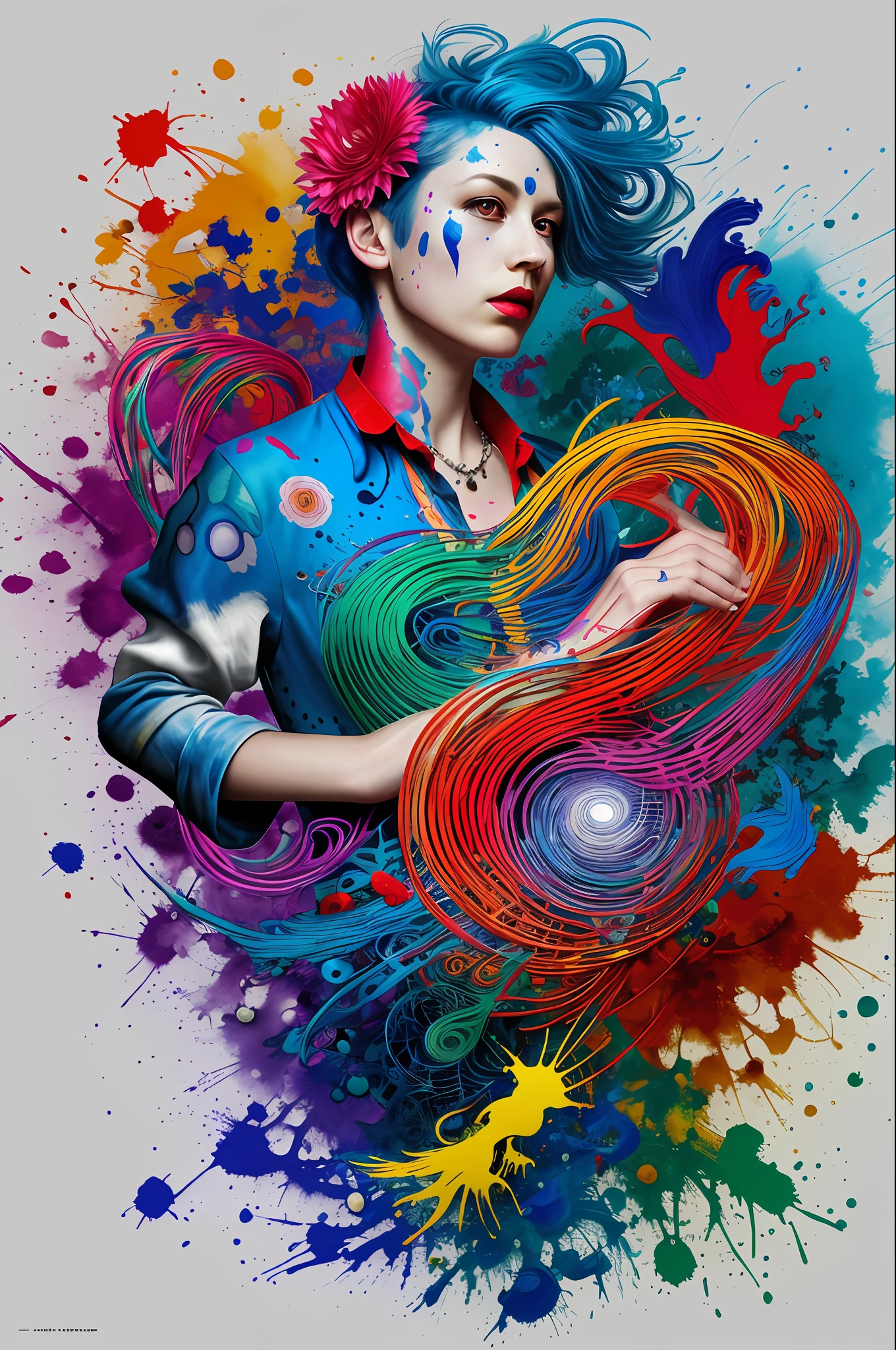a woman with blue hair wearing a colorful outfit and a colorful background with paint splatters on it, by Hirohiko Araki,official art, unity 8k wallpaper, ultra detailed, beautiful and aesthetic, masterpiece, best quality, (zentangle, mandala, tangle, entangle), 1girl, extremely detailed, dynamic angle, cowboyshot, the most beautiful form of chaos, elegant, a brutalist designed, vivid colours, romanticism, by james jean, roby dwi antono, ross tran, francis bacon, michal mraz, adrian ghenie, petra cortright, gerhard richter, takato yamamoto, ashley wood, atmospheric, ecstasy of musical notes, streaming musical notes visible