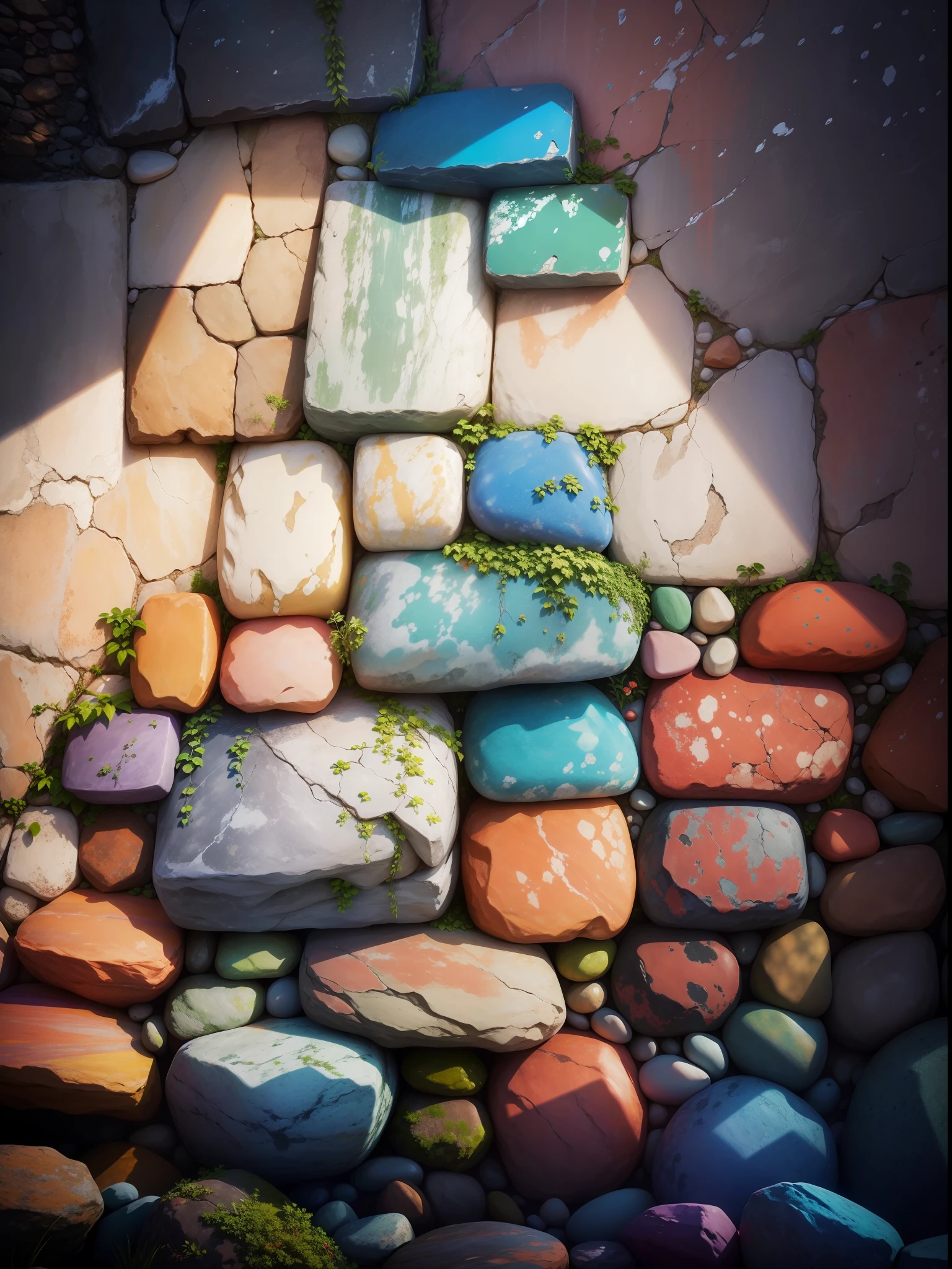 Rainbow-colored stone wall