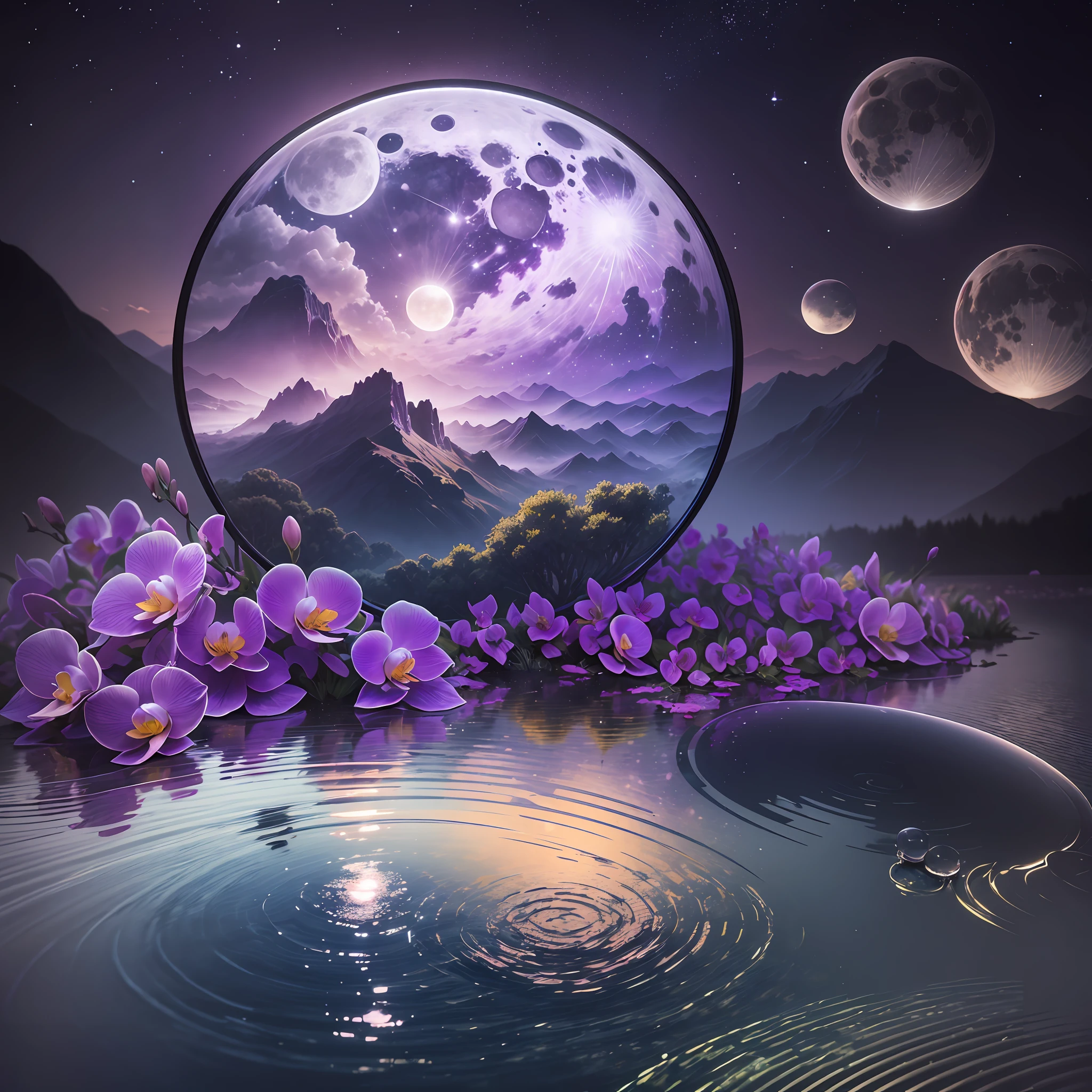 Computer Visualized Graphics, Realistic Fantasy, Extensive Landscape Ultrasound Photography (General View Showing Glass, Orchid, Water, Dew), Distant View of Mountains and Full Moon, Blurred Background, Gloomy, Yellow, Purple Background, Pink, Warm, Magic