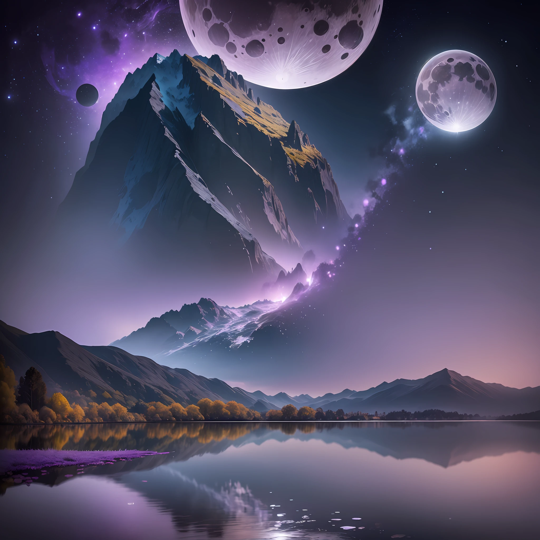 Computer Visualized Graphics, Realistic Fantasy, Extensive Landscape Ultrasound Photography (General View Showing Glass, Orchid, Water, Dew), Distant View of Mountains and Full Moon, Blurred Background, Gloomy, Yellow, Purple Background, Pink, Warm, Magic