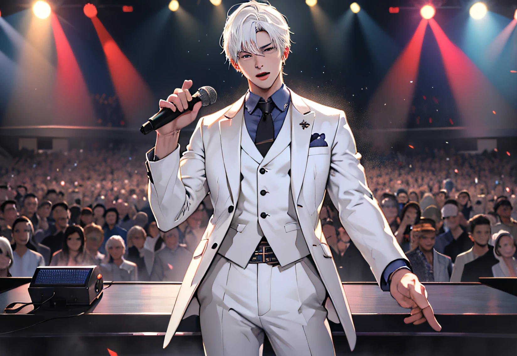 Masterpiece, best quality, realistic, super detailed, portrait of a young man, handsome white hair white suit, standing on the concert stage with a microphone singing, entertainment industry star rich second generation, expression disdainful