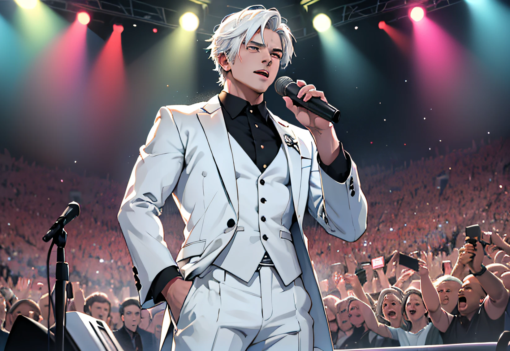 Masterpiece, best quality, realistic, super detailed, portrait of a young man, handsome white hair white suit, standing on the concert stage with a microphone singing, entertainment industry star rich second generation, expression disdainful