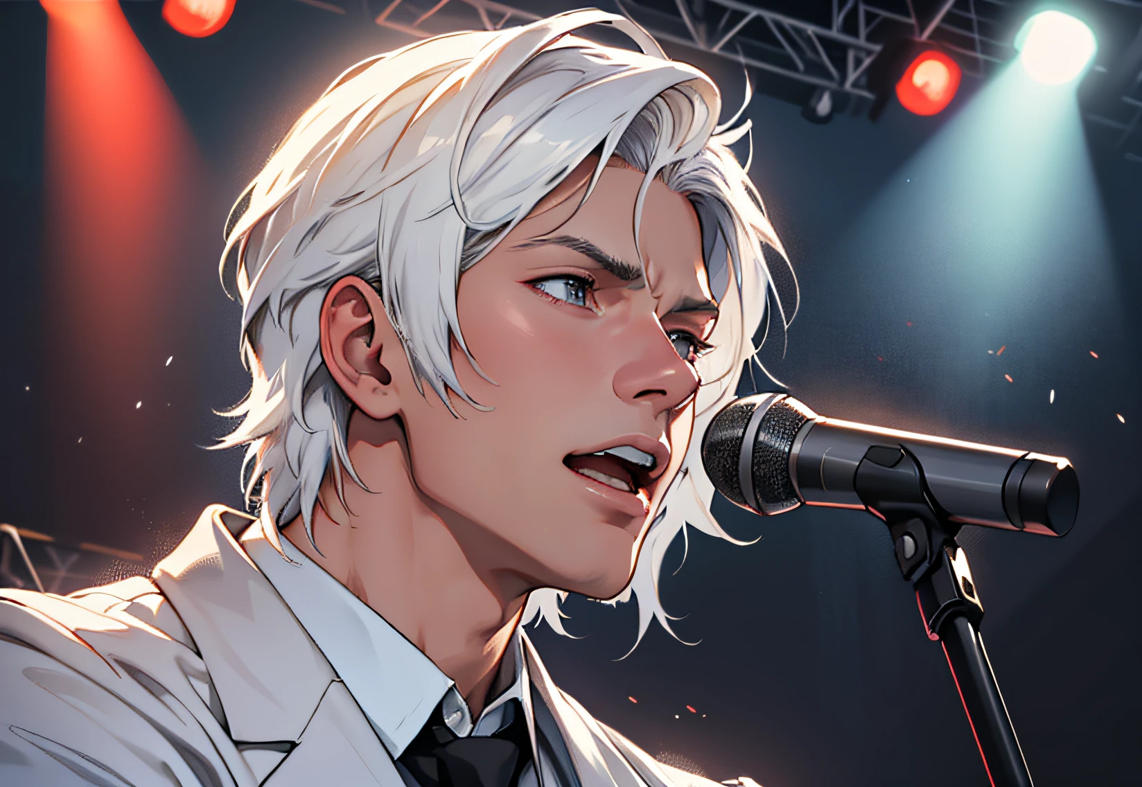 Masterpiece, best quality, realistic, super detailed, portrait of a young man, handsome white hair white suit, standing on the concert stage with a microphone singing, entertainment industry star rich second generation, expression disdainful