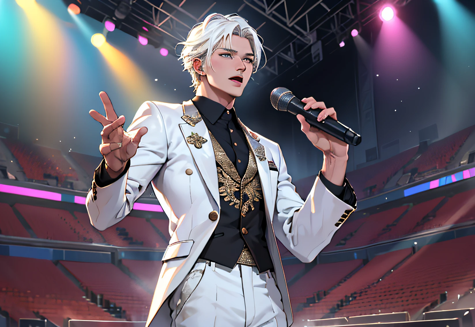 Masterpiece, best quality, realistic, super detailed, portrait of a young man, handsome white hair white suit, standing on the concert stage with a microphone singing, entertainment industry star rich second generation, expression disdainful