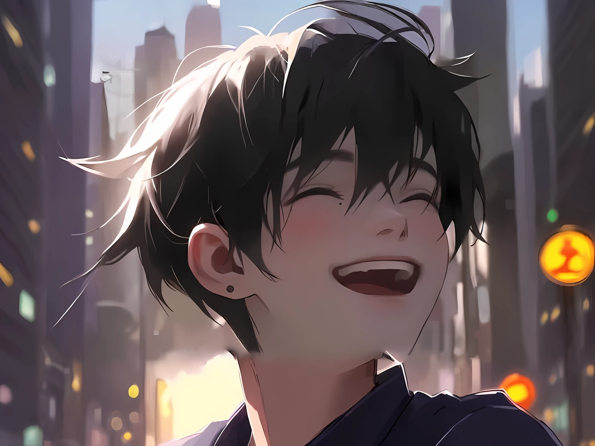 anime boy with black hair smiling in a city street, grinning lasciviously, [[[[grinning evily]]]], insane smile, very huge smile, huge smile, he is smiling, guweiz, smiling sweetly, wide grin, beautiful and smiling, grinning, very big smile, detailed smile, smileing nright, lovely smile