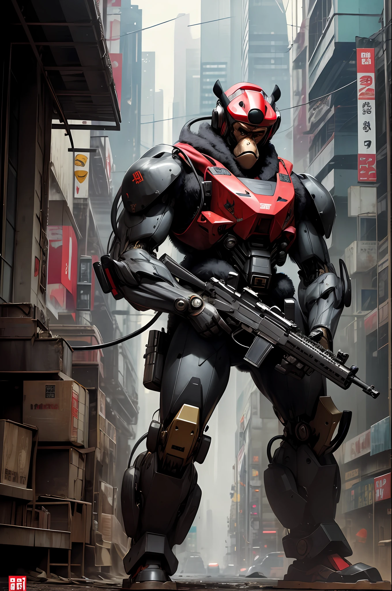 masterpiece, best quality, realistic , mecha monkey, mecha gorilla, mecha helmet,blur, book, cable, cyberpunk metropolis, gloves, infrared sleeve with automatic rifle in hand, hood, solo,