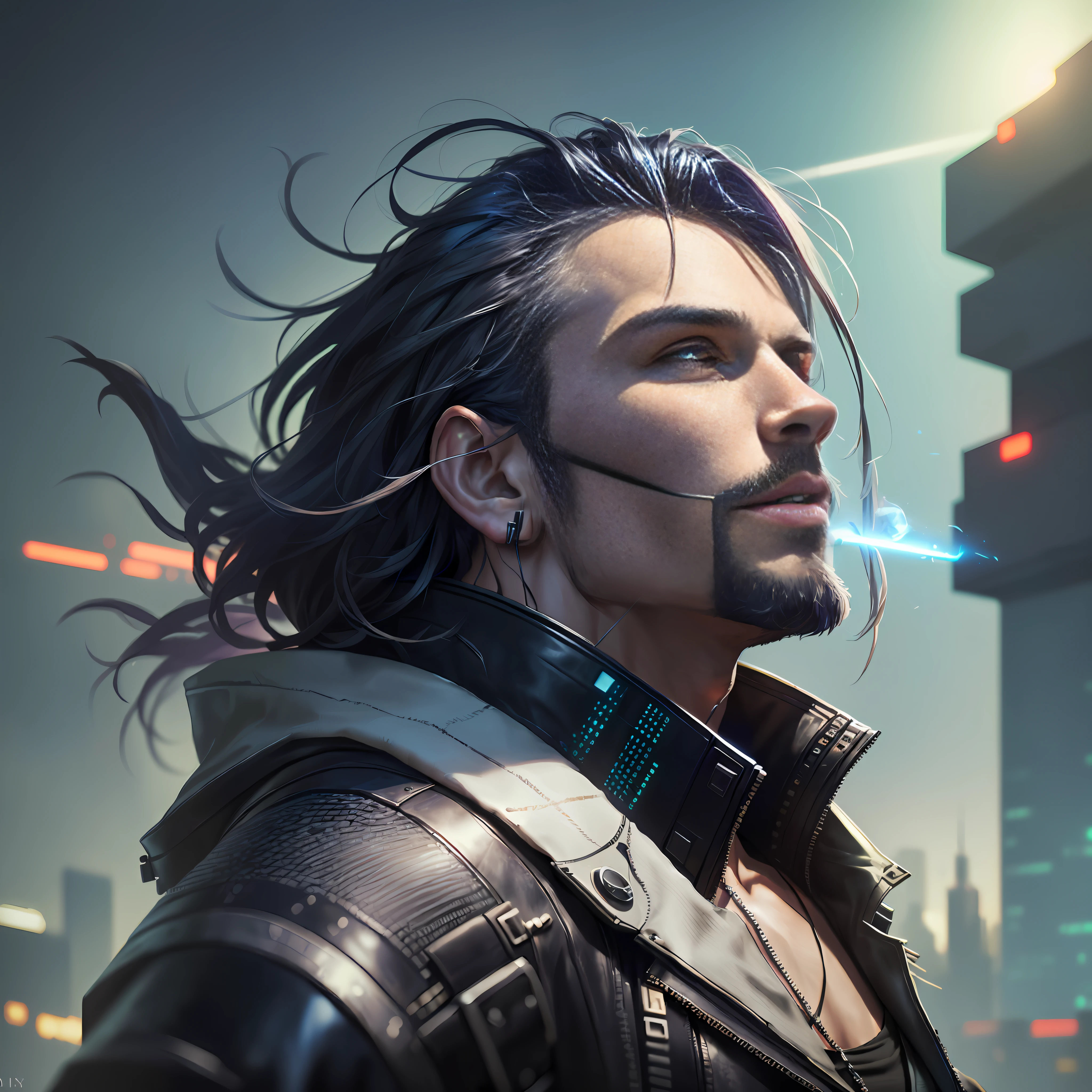 there is a man with a beard and a leather jacket, portrait of a cyberpunk man, cyberpunk dude, cyberpunk character art, cyberpunk themed art, cyberpunk art style, portrait of a cyberpunk cyborg, cyberpunk hero, digital cyberpunk anime art, cyberpunk portrait, portrait of a cyberpunk samurai, cyberpunk artstyle, hyper-realistic cyberpunk style, cyberpunk character, cyberpunk digital painting