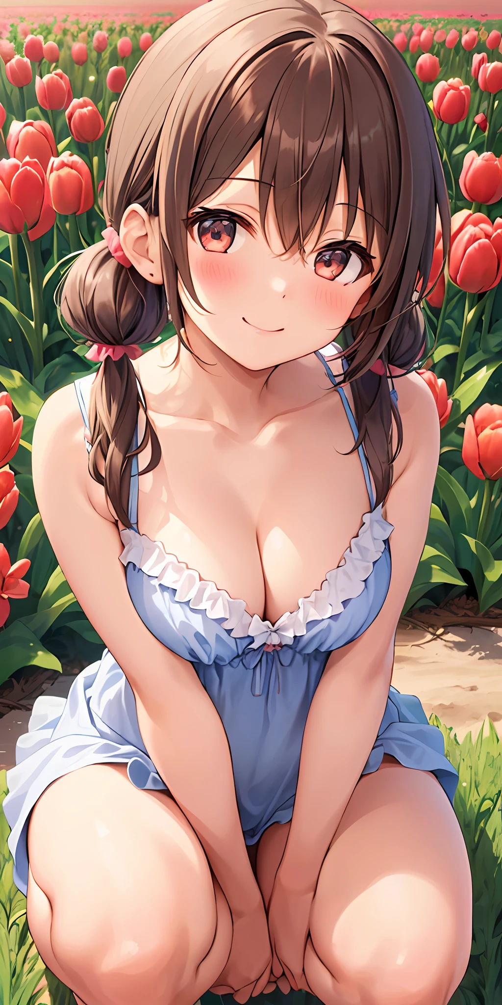 1 Girl, Solo, Brown Twin Tails, Naked: 1.5, One Shoulder Wrap Onepiece, Big, Cleavage, Cleavage Emphasis, Thighs, Middle of Tulip Field, Smile, Blush: 1.1, Beautiful Legs, Squatting, From Top, Red Scrunchie