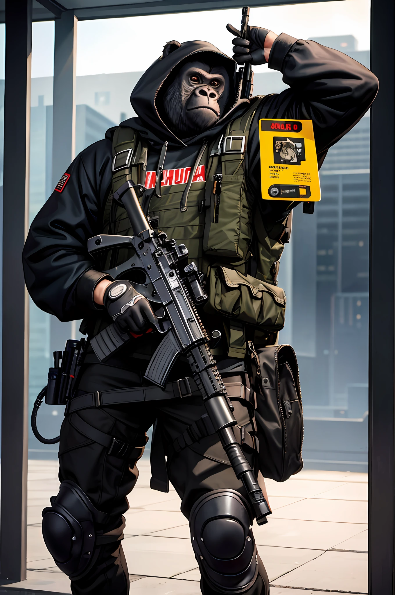 masterpiece, best quality, realistic , fashion monkey, gorilla, blur, book, cable, cyberpunk, gloves, infrared sleeve with automatic rifle in hand, hood, solo,