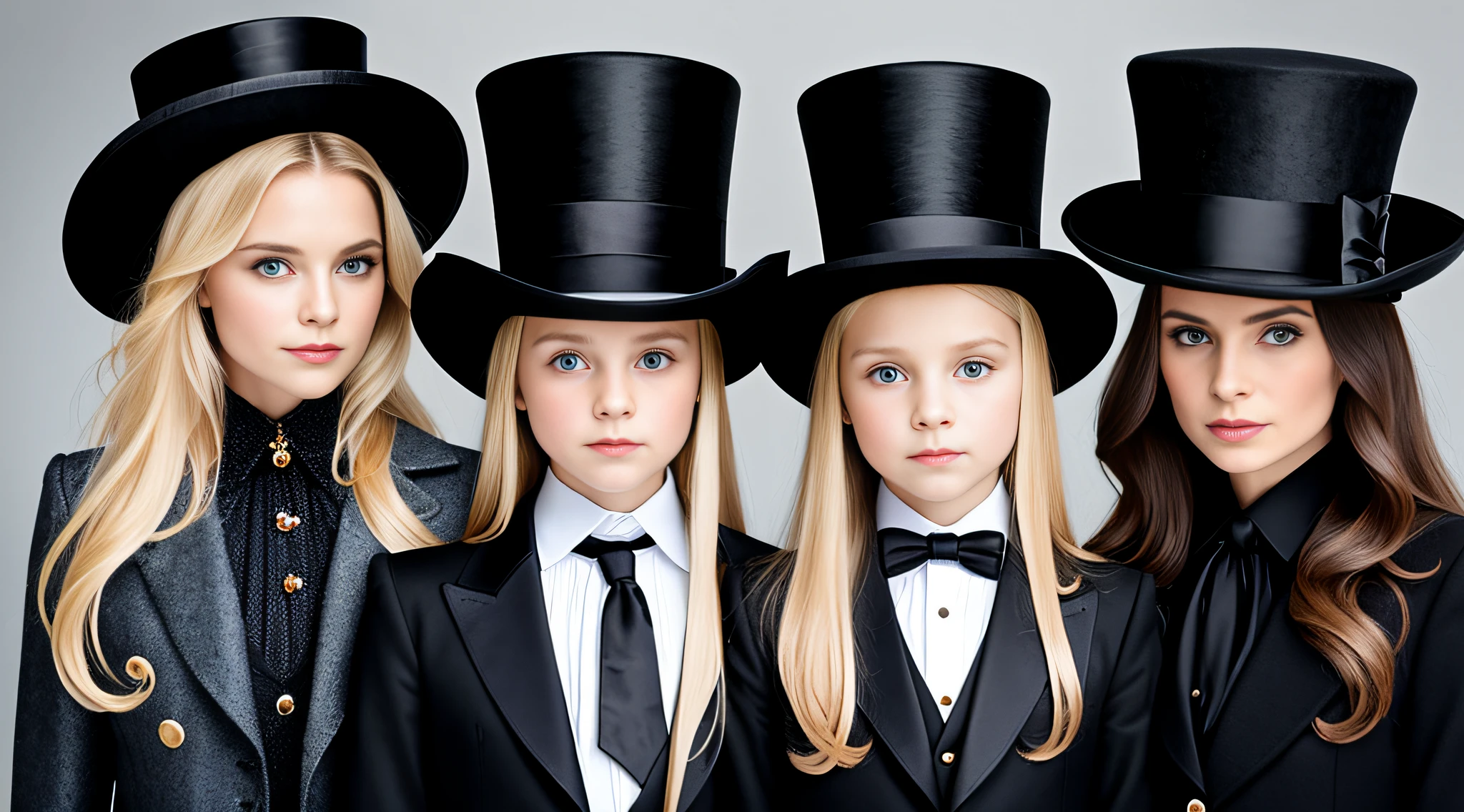 3 girls Russian children with 10 years old, WITH LONG STRAIGHT HAIR blonde, PORTRAIT STYLE, hat and jacket, Jean DeVille, is wearing a top hat, is wearing a hat, Fedora, tilting his Fedora, Rankin, top hat, Michel Ocelot, promotional image, Mario Testino, promotional photo, profile picture, wearing a top hat, masterpiece, guilt!, with hat, black stetson and coat