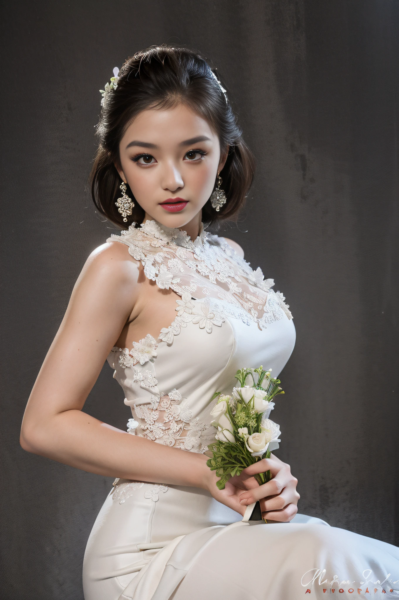 arafed woman in a white dress holding a bouquet of flowers, modeling photography, a beautiful woman in white, with flowers, dressed in white intricate lace, studio photography portrait, white gown, mid shot portrait, fashion model photography, modeling shoot, studio portrait photography, fashion photograhy, glamour photography, model photography, photo taken with nikon d750