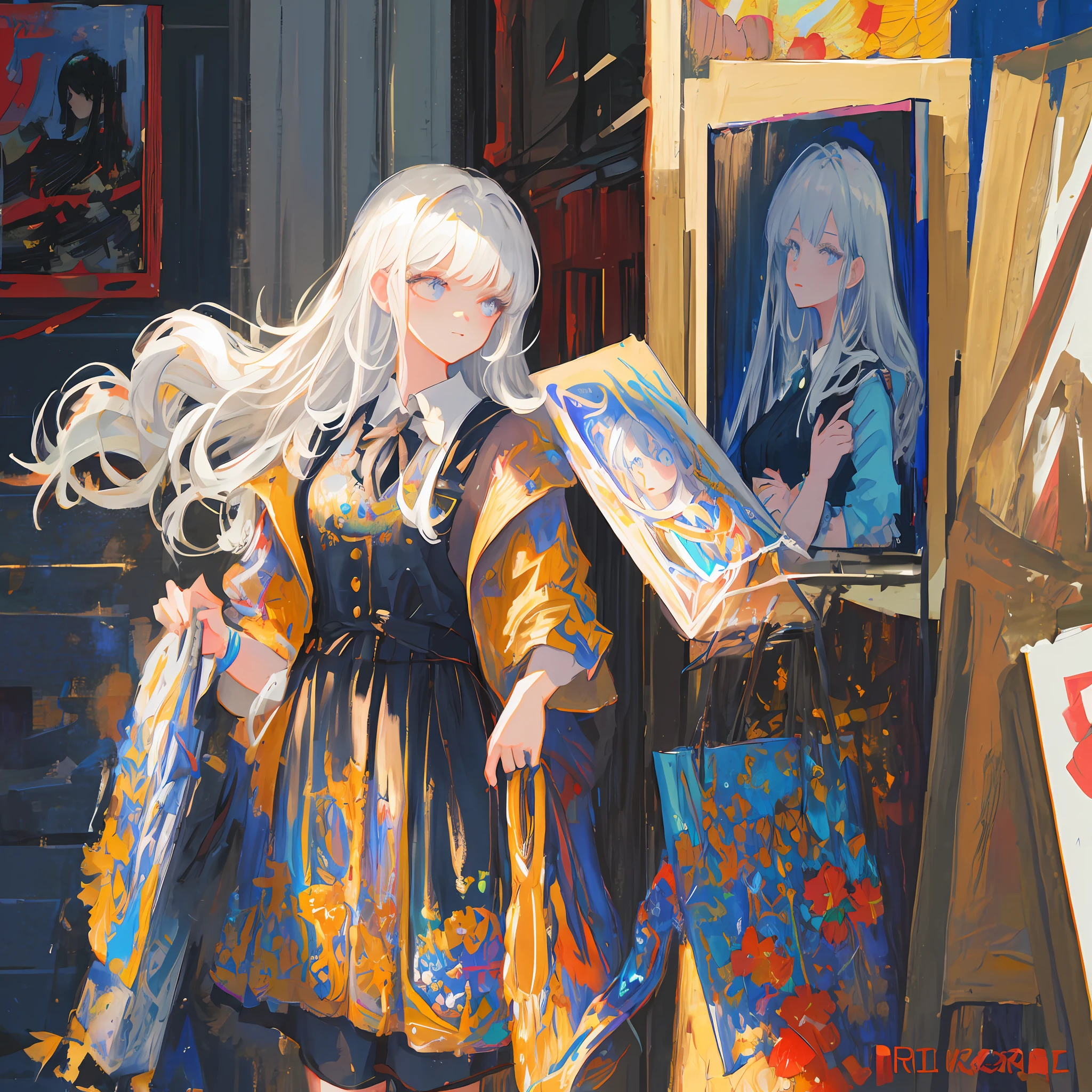 Masterpiece, ((Best Quality)), Super Detailed, Illustration, Girl, Paintings, Portraits, Paintings, Dark White Hair, Detailed Background