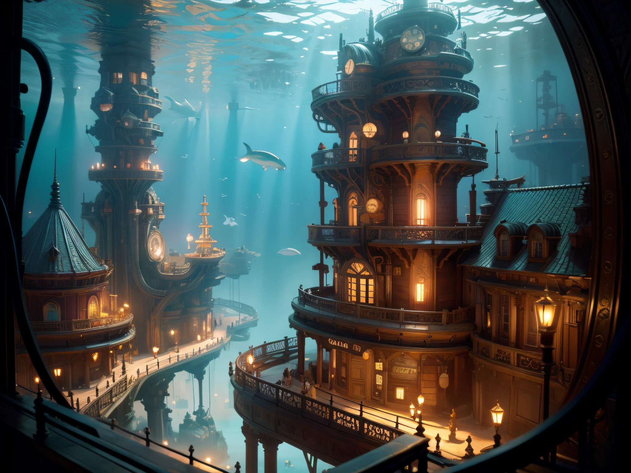 Gigantic Underwater city, steampunk, ((Top Quality, 8k, Masterpiece: 1.3)), ultra detailed, intricate, whales, realistic, ocean, Brigth light, coral barrier