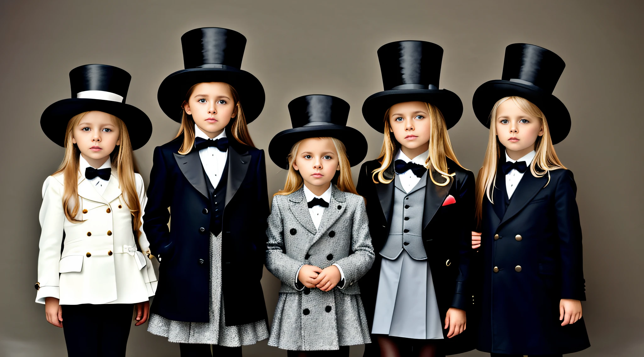 3 girls Russian children with , WITH LONG STRAIGHT HAIR blonde, PORTRAIT STYLE, hat and jacket, Jean DeVille, is wearing a top hat, is wearing a hat, Fedora, tilting his Fedora, Rankin, top hat, Michel Ocelot, promotional image, Mario Testino, promotional photo, profile picture, wearing a top hat, masterpiece, guilt!, with hat, black stetson and coat