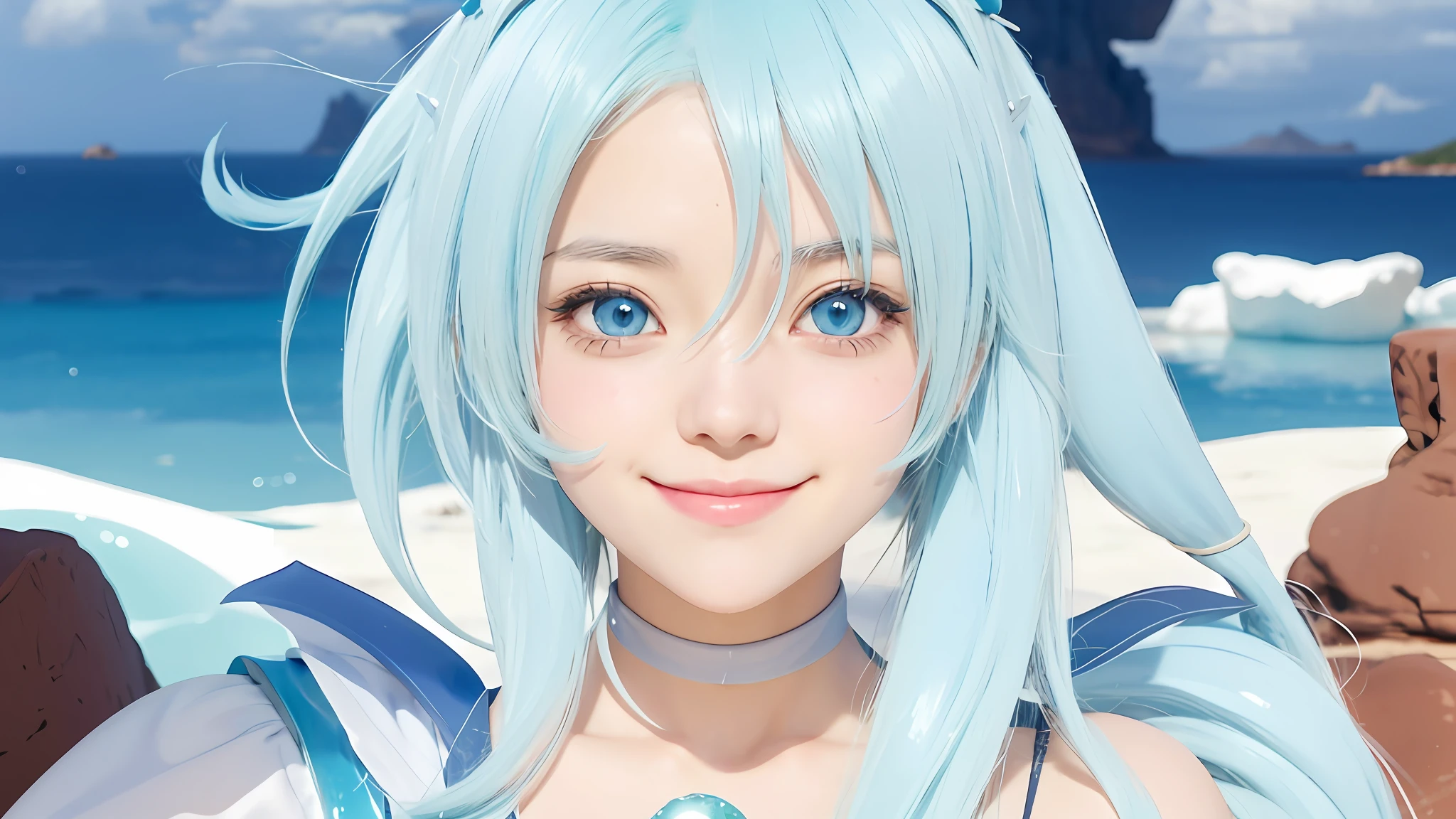 anime girl with blue hair and blue eyes in a desert area, aqua from konosuba, reincarnated as a slime, joyful smirk, roguish smirk, rin, serene smile, today's featured anime still, anime visual of a cute girl, white cyan, 8k!, official anime still, anime moe artstyle, rei hiroe