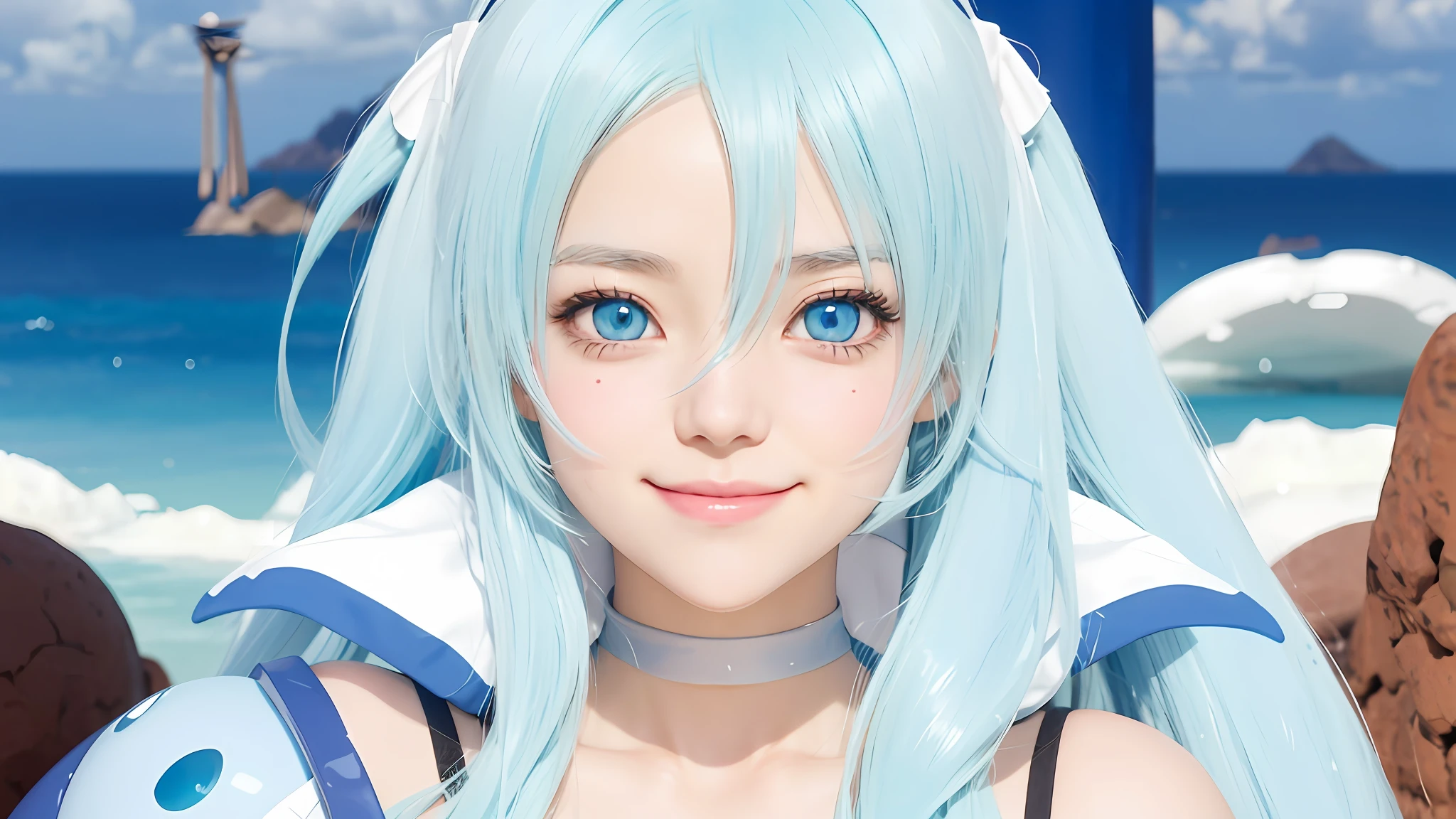 anime girl with blue hair and blue eyes in a desert area, aqua from konosuba, reincarnated as a slime, joyful smirk, roguish smirk, rin, serene smile, today's featured anime still, anime visual of a cute girl, white cyan, 8k!, official anime still, anime moe artstyle, rei hiroe