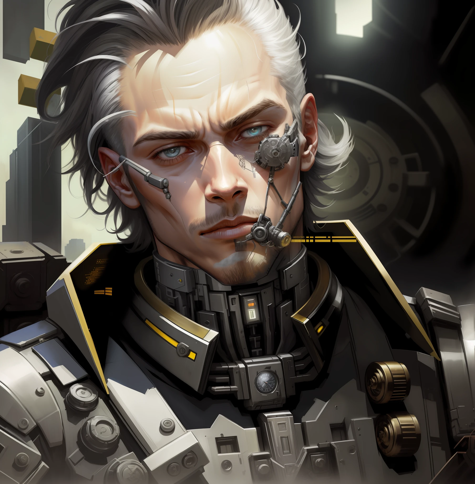 A cybernetic man in the range of 27 years old, muscular stereotype, with cowboy hat (mechanical parts: 1.5), fighting, bright eyes, short hair, tight supersuit torn, in a destroyed city, smoke and fire, aura of brilliant power, dynamic pose, dynamic vision, hyper detailed, 8k quality, with tattoo on the arm, mechanical roman watch on the chest, merge images, hyper realism. Enjoy original photo base, mechanical and human bust. With gray goatee and gray hair.