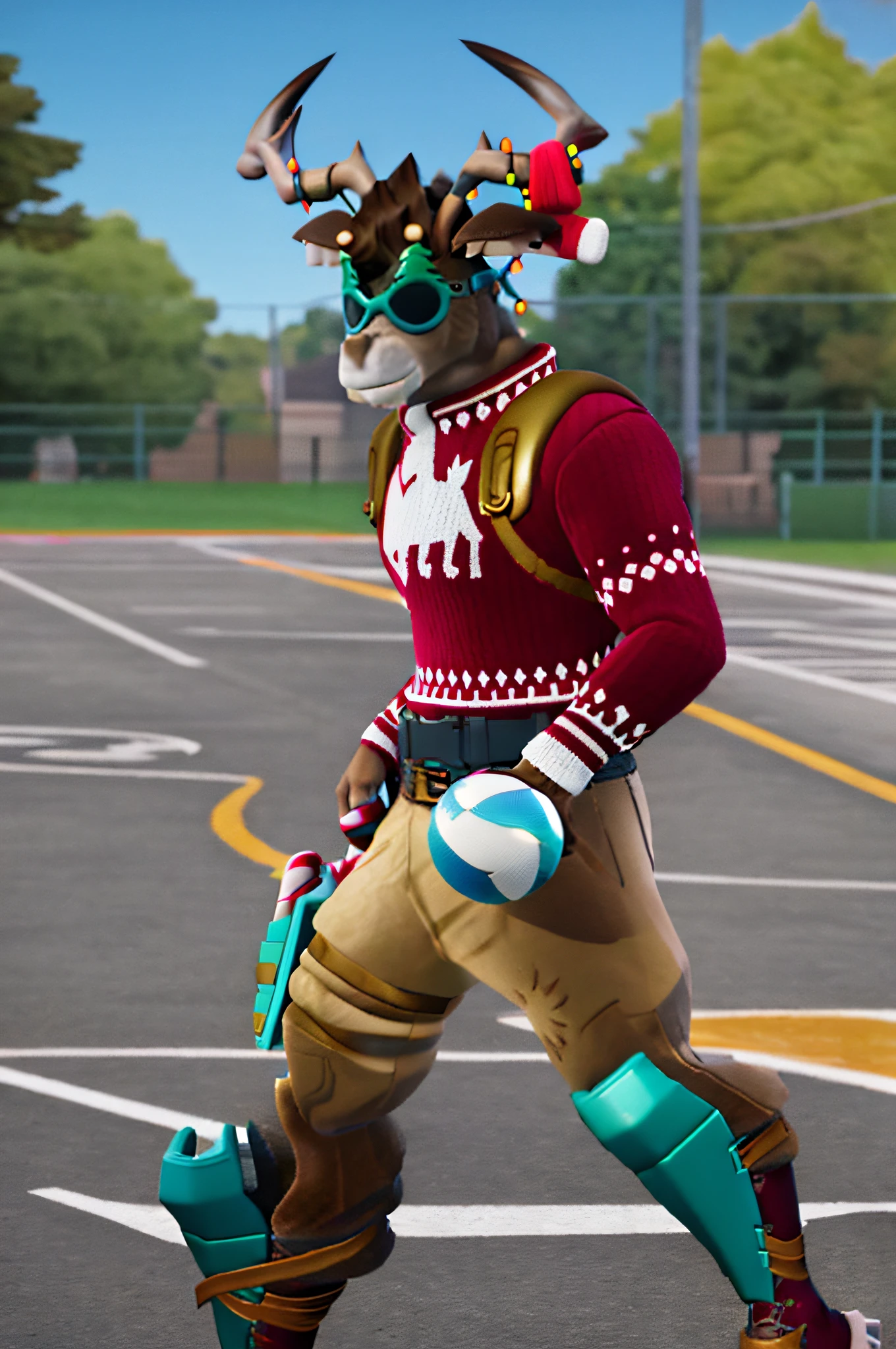 Human reindeer Fortnite_Dolph, novelty glasses, Christmas sweater, belt, Christmas stockings, Christmas lights, candy, pistol holster, khaki pants, shin guards, boots, three-fingered, basketball court, running to the camera, basketball, (detailed fur: 1.2), CG, octane rendering, 8k UHD, soft lighting, high quality, ambient light occlusion,