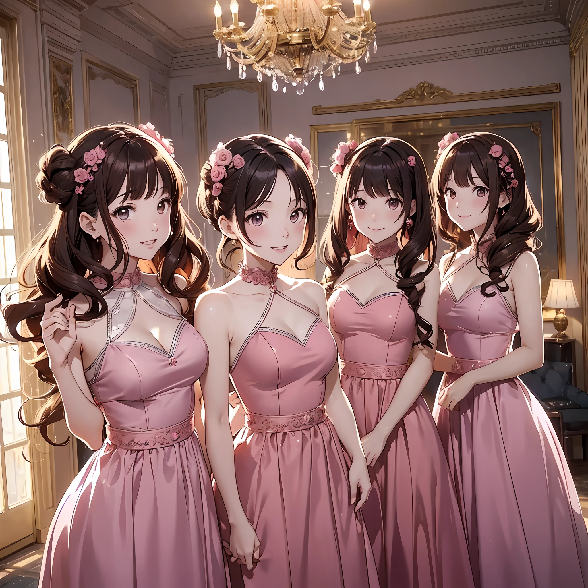 perfect anime illustration, identical septuplets, 7girls, clones, identical sisters, sisters crowded together, sisters in background, matching hairstyles, brown hair, curly hair, matching hairstyle, hazel eyes, smiling, ((elegant evening dress, pink dress)), mansion, highres, full body