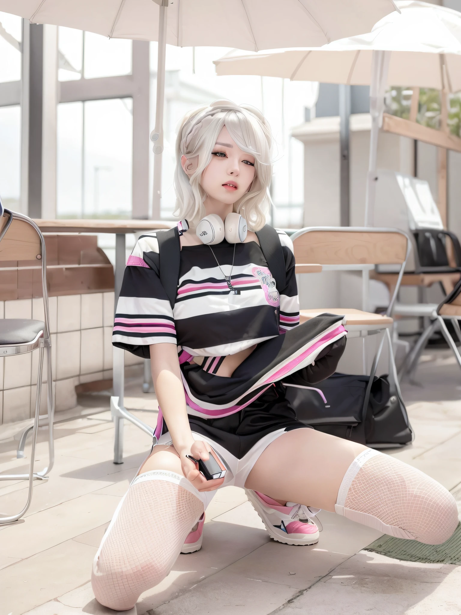 there is a woman sitting on the ground with headphones on, girl with short white hair, white hime cut hairstyle, she is wearing streetwear, belle delphine, ulzzang, japanese streetwear, cute girl with short pink hair, black hair and white bangs, anime girl in real life, her hair is white, hair whitebangs hair, portrait a woman like reol