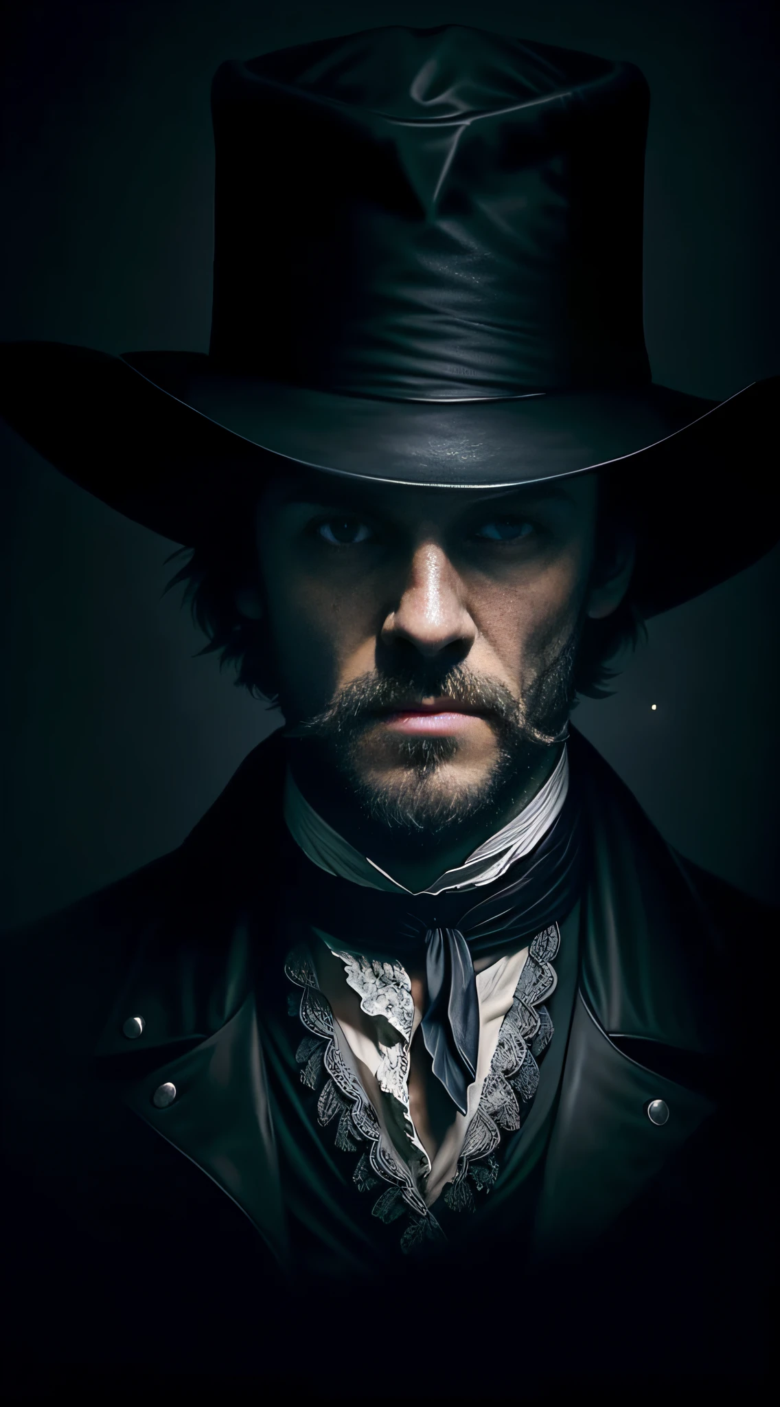 "A realistic 8k image of Jack the Ripper, wearing a hat that covers his eyes and making direct eye contact with the viewer, portrayed in a dark and mysterious style."