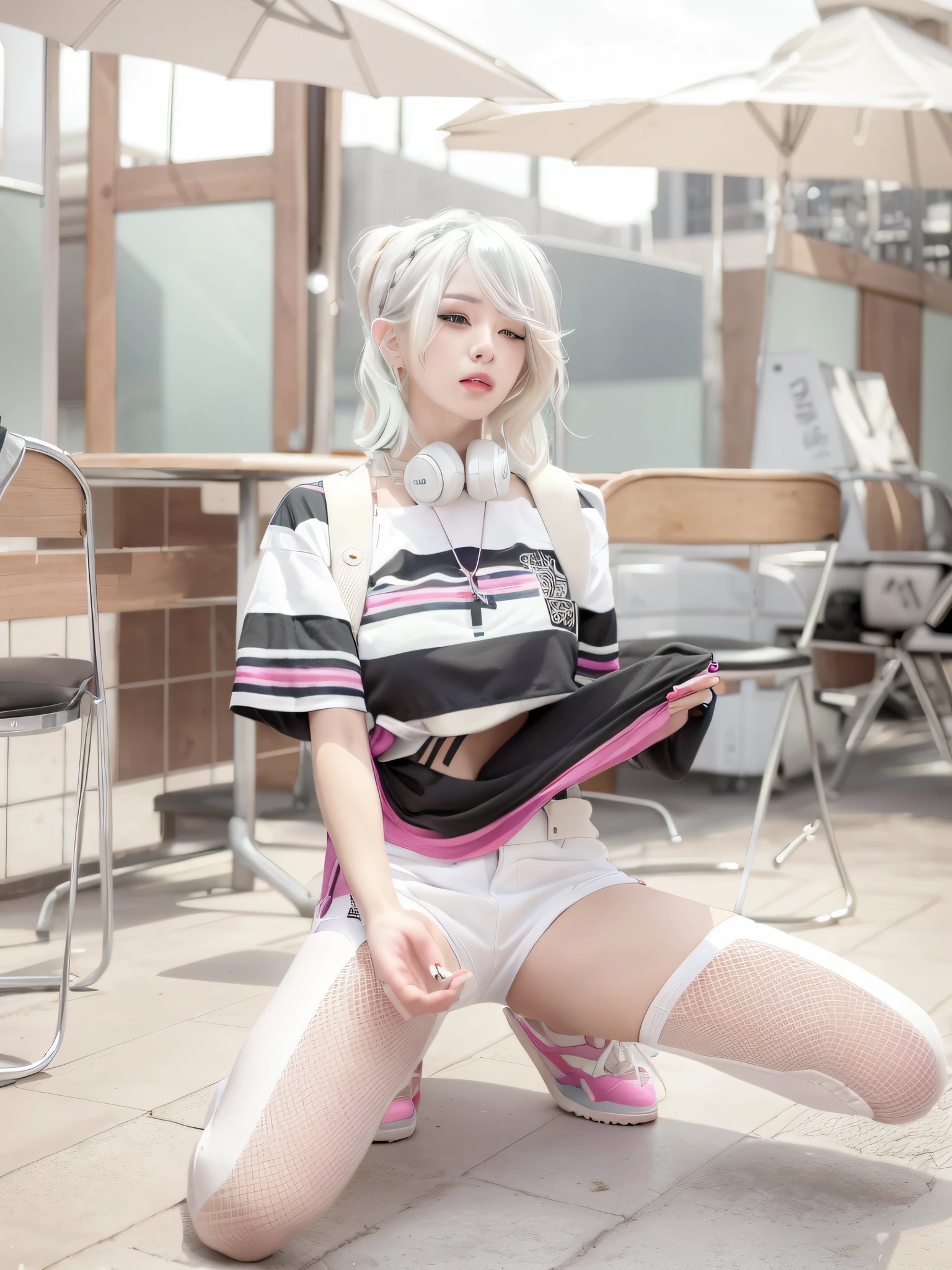 there is a woman sitting on the ground with headphones on, girl with short white hair, white hime cut hairstyle, she is wearing streetwear, belle delphine, ulzzang, japanese streetwear, cute girl with short pink hair, black hair and white bangs, anime girl in real life, her hair is white, hair whitebangs hair, portrait a woman like reol