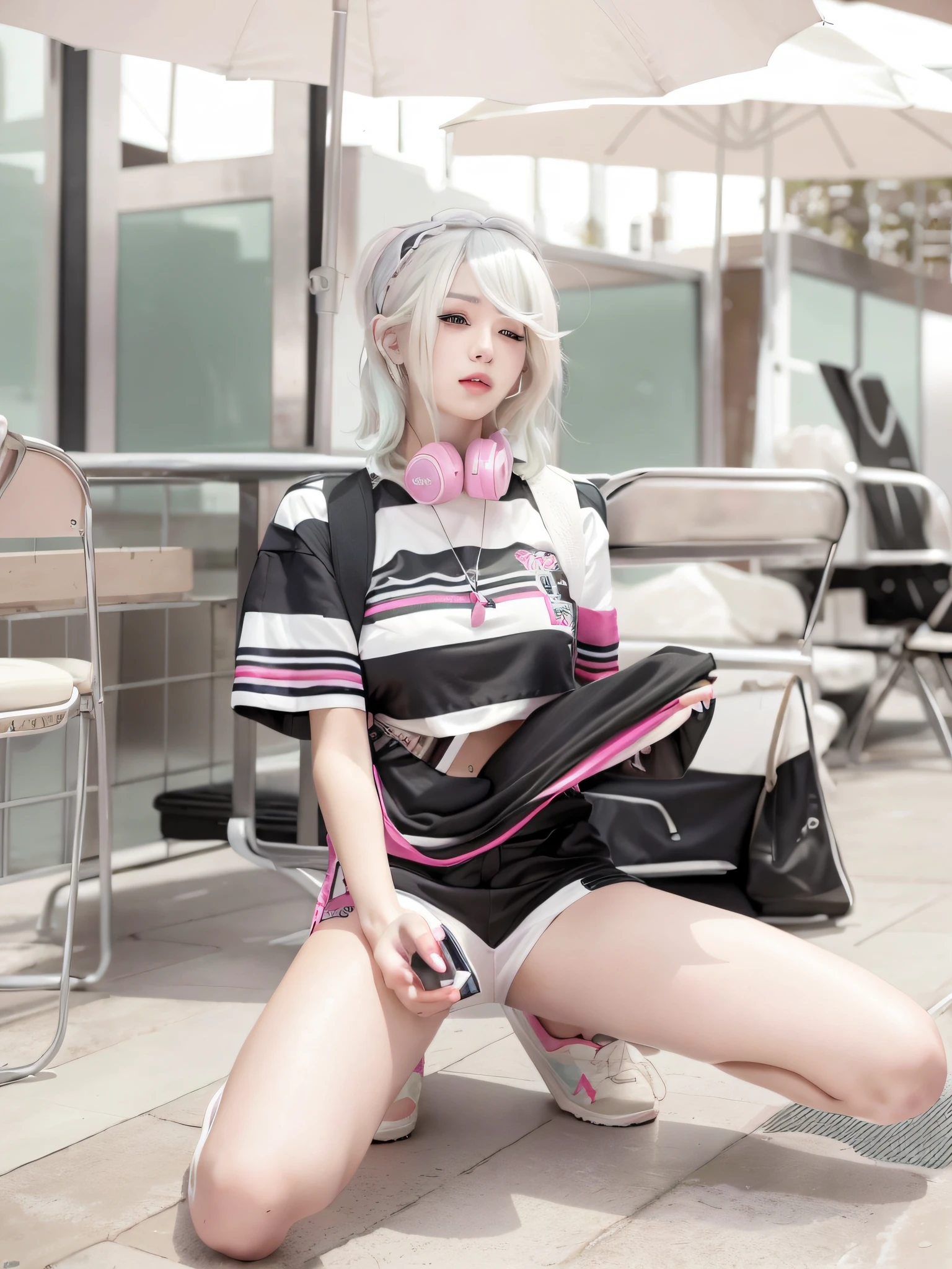 there is a woman sitting on the ground with headphones on, girl with short white hair, white hime cut hairstyle, she is wearing streetwear, belle delphine, ulzzang, japanese streetwear, cute girl with short pink hair, black hair and white bangs, anime girl in real life, her hair is white, hair whitebangs hair, portrait a woman like reol