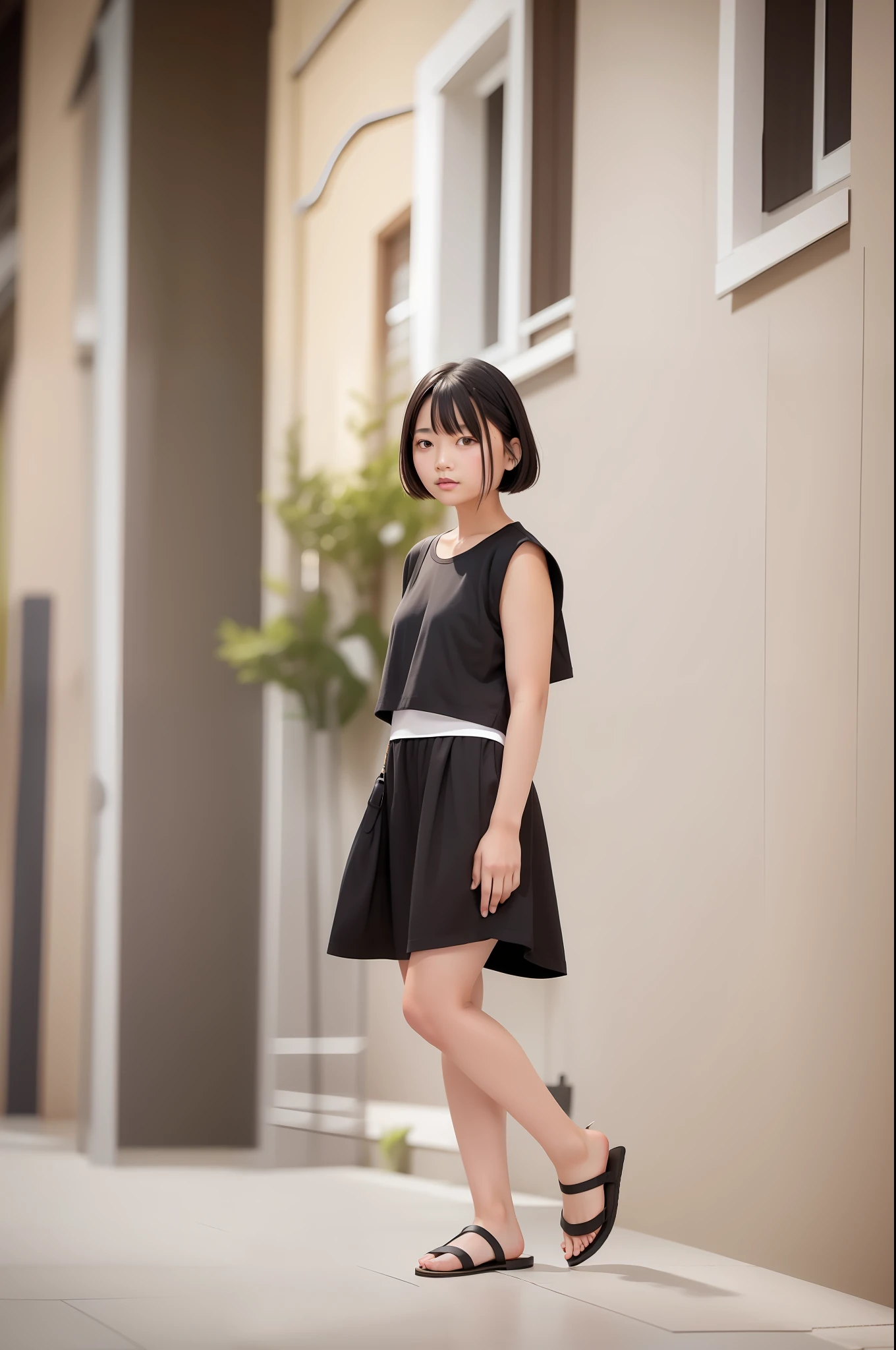 Standing, pose, short black hair, Asian littlegirl, wearing sandals