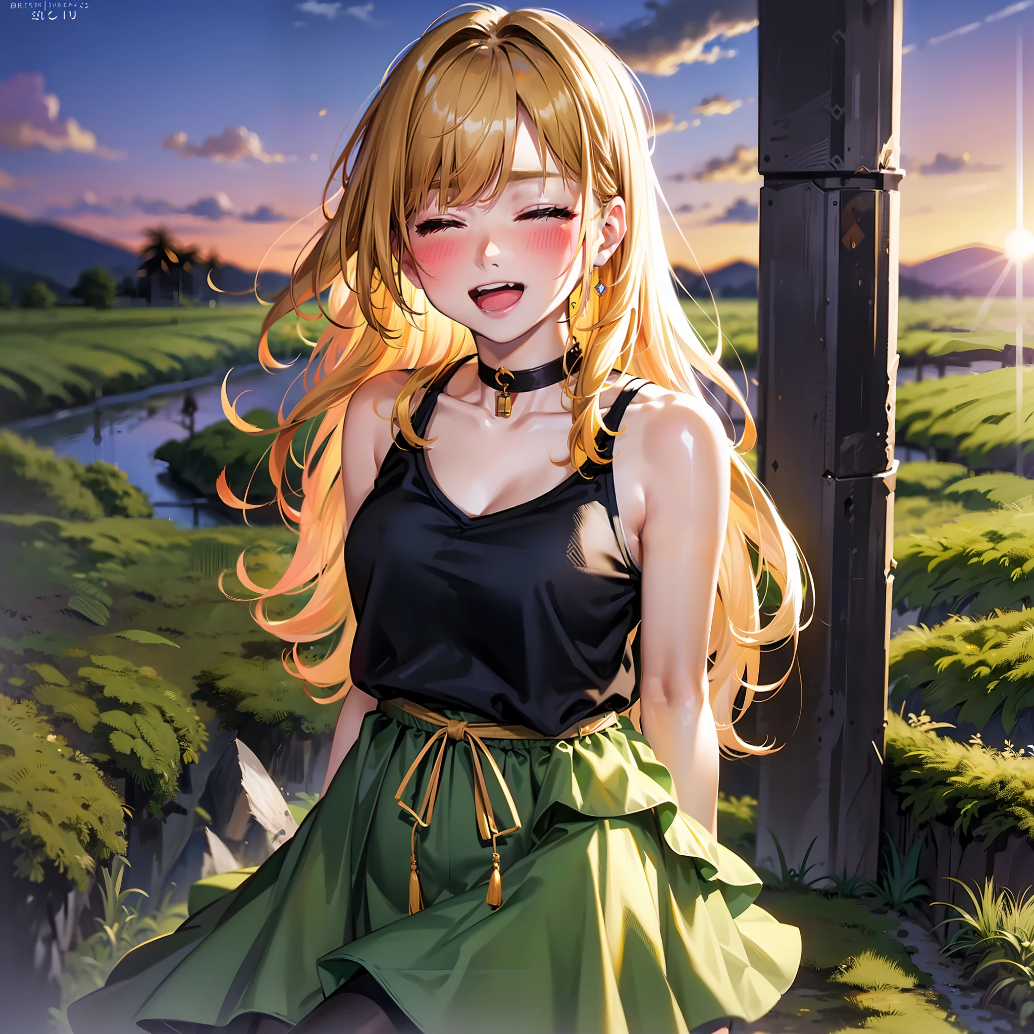 Top quality, masterpiece, 1 woman, solo, 20 years old, (eyes closed: 1.4), laughing with open mouth, slouching, Healthy body, looking at the camera, yellow long hair, black tank top, checked skirt, blushing, evening, a lot of rice fields, big sunset, choker,