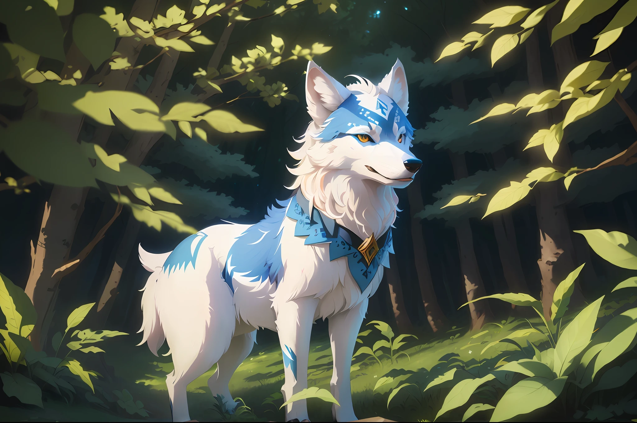 there is a white and blue wolf standing in the woods, studio ghibly style mononoke, cute detailed digital art, an anthropomorphic wolf, an anthro wolf, commission for high res, 8k high quality detailed art, very very beautiful furry art, anthro art, detailed fanart, fursona art, high detailed official artwork --auto --s2