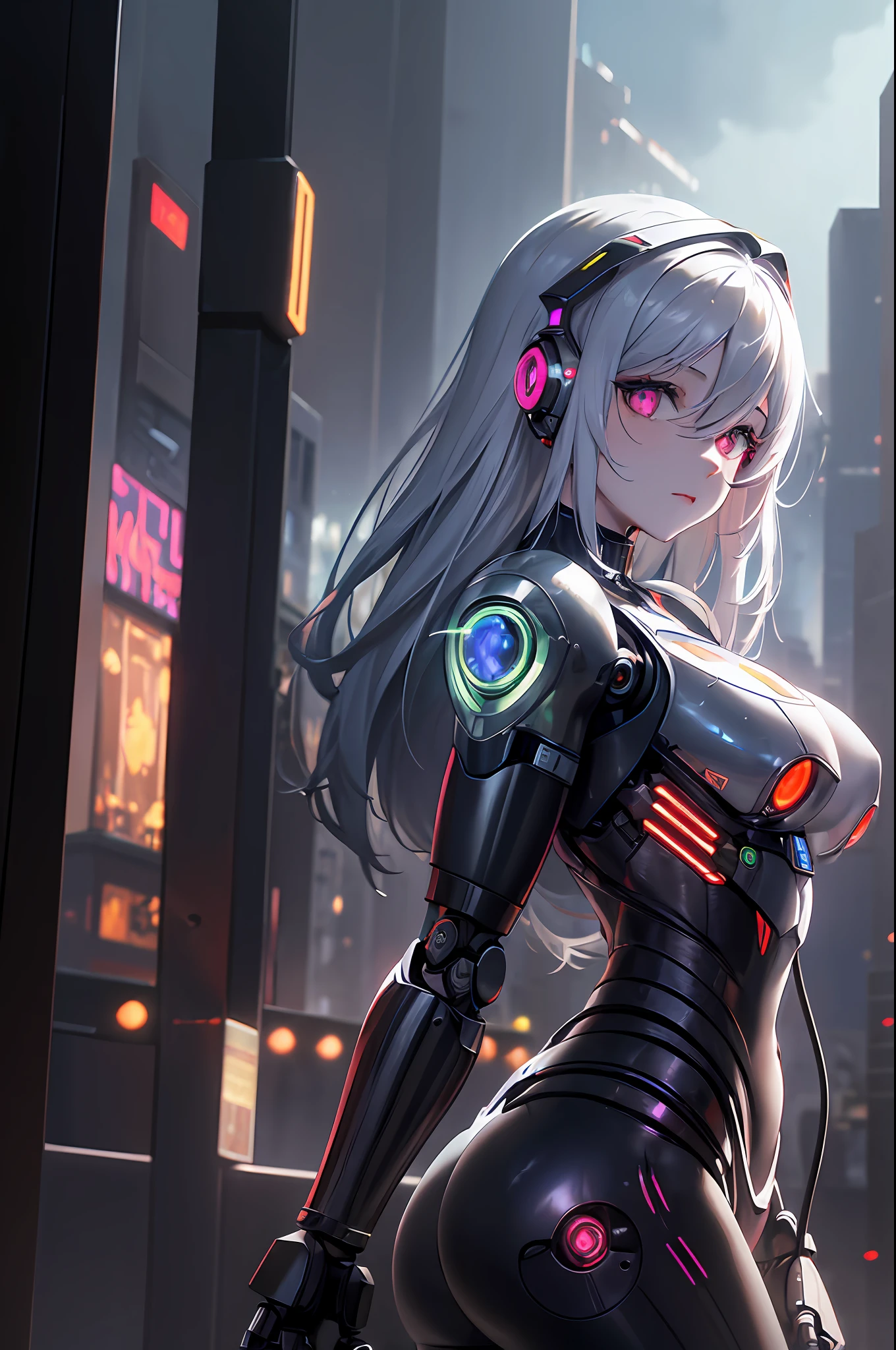 High Detail RAW color Photo,hyperrealistic,digital painting,wide shot,Full Shot,(lens flare:0.5), (bloom:0.5), portrait,(highly detailed, fine details, intricate), incredibly absurdres,(luxurious cyberpunk:1.4,Dystopian,sci-fi), concept art,ornate, from side,looking to the side,1girl,Lucy \(cyberpunk\),European_Girls,(cute female arterial intelligence,robot, cyborg:1.5),(robotic parts,augmentations,mechanical arms, mechanical legs,silver halmet), (cybernetic implants:1.4,microchip,metal,electric wires,cable,silicone),grey eyes,asymmetrical hair, standing,(holding_weapon,battle_rifle,handgun),belt,(wearing shiny tight soft light suit,see-through white chemise), open jacket,detached sleeves,hip vent,metallic bone exposed,toned physique,slender,medium breasts exposure,breasts out,large ass, (pale skin),(detailed skin, diffused skin pores),HQ, angelic, decorations, embellishments,hard edge,breathtaking,outdoors, ((in surreal planet Raphael Lacoste)),night, (electricity, bright neon colors,sprawling cyberpunk city skyline), turbulent storm, rain,smog,tendrils, spirals, dust,(((flying ships))), (badlands, observitory)