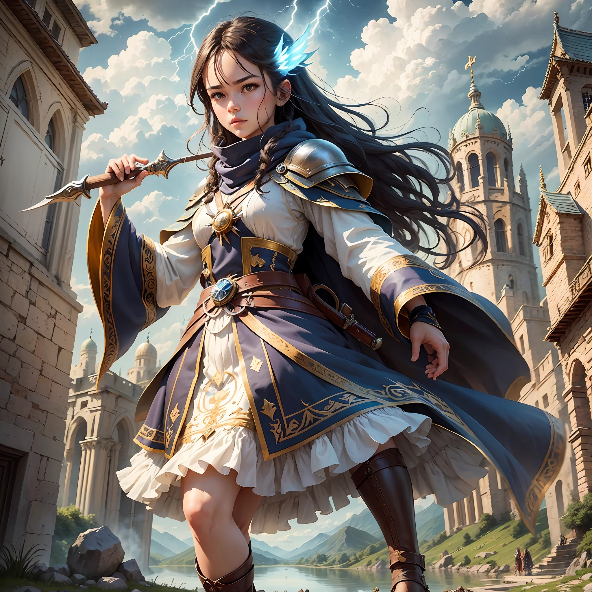 Step 1 - Scene: This is a magical scene with multiple characters in it. The scene features magnificent epic cinematic style buildings and landscapes, including towers, city walls, bridges, meadows, and lakes. There are mysterious clouds and lightning in the sky, as well as the flow and flickering of magical energy.
Step 2 - Labels (relational, noun, verb):
Characters: Many people, male, female, elderly, young
Clothing: magical decorations, ancient costumes, armor, robes, cloaks, boots
Architecture: walls, towers, bridges, palaces, shrines, meadows, lakes
Sky: Clouds, lightning, magical energy
Items: magic staffs, swords, bows and arrows, shields, magic crystals, books
Actions: casting, fighting, running, jumping, flying, resting, talking, thinking, observing
Step 3 - tag:
Characters: Multiple characters, male, female, elderly, young
Clothing: magical decoration, ancient attire, armor, --auto --s2