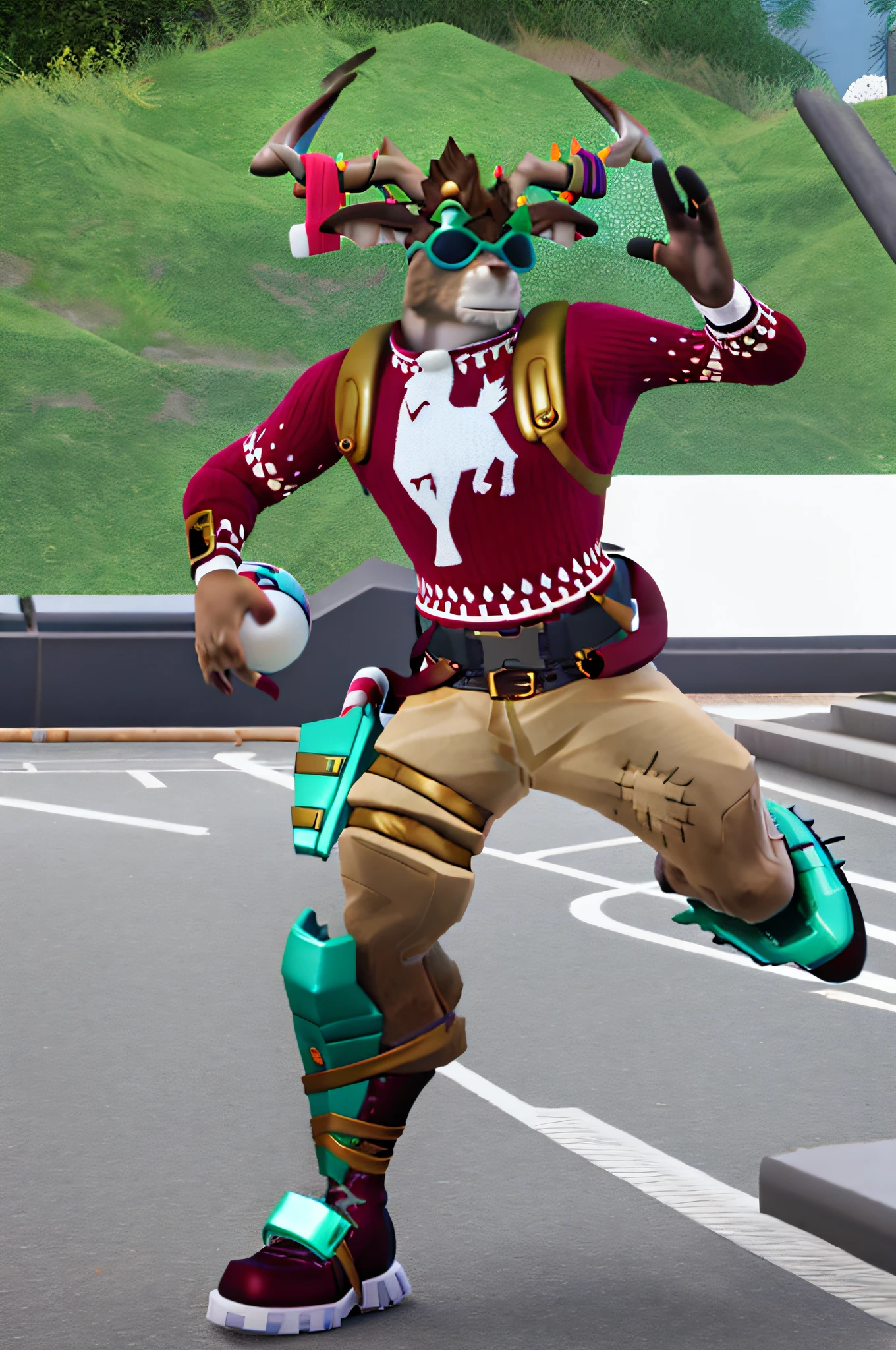 Human reindeer Fortnite_Dolph, novelty glasses, Christmas sweater, belt, Christmas stockings, Christmas lights, candy, pistol holster, khaki pants, shin guards, boots, three-fingered, basketball court, running to the camera, basketball, (detailed fur: 1.2), CG, octane rendering, 8k UHD, soft lighting, high quality, ambient light occlusion,