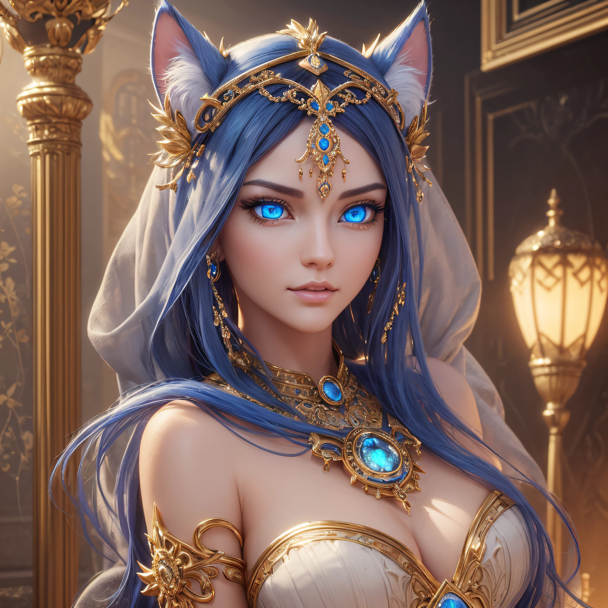 ((Best quality)), ((masterpiece)), (detailed: 1.4), 3D, a digital painting of a woman imbridled cat with blue eyes, unreal engine rendering + a goddess, very detailed, beeple global lighting, elaborate ornate jewelry, trends in cgisociety, motion graphics, global lighting rossdraws, cgsociety --auto --s2