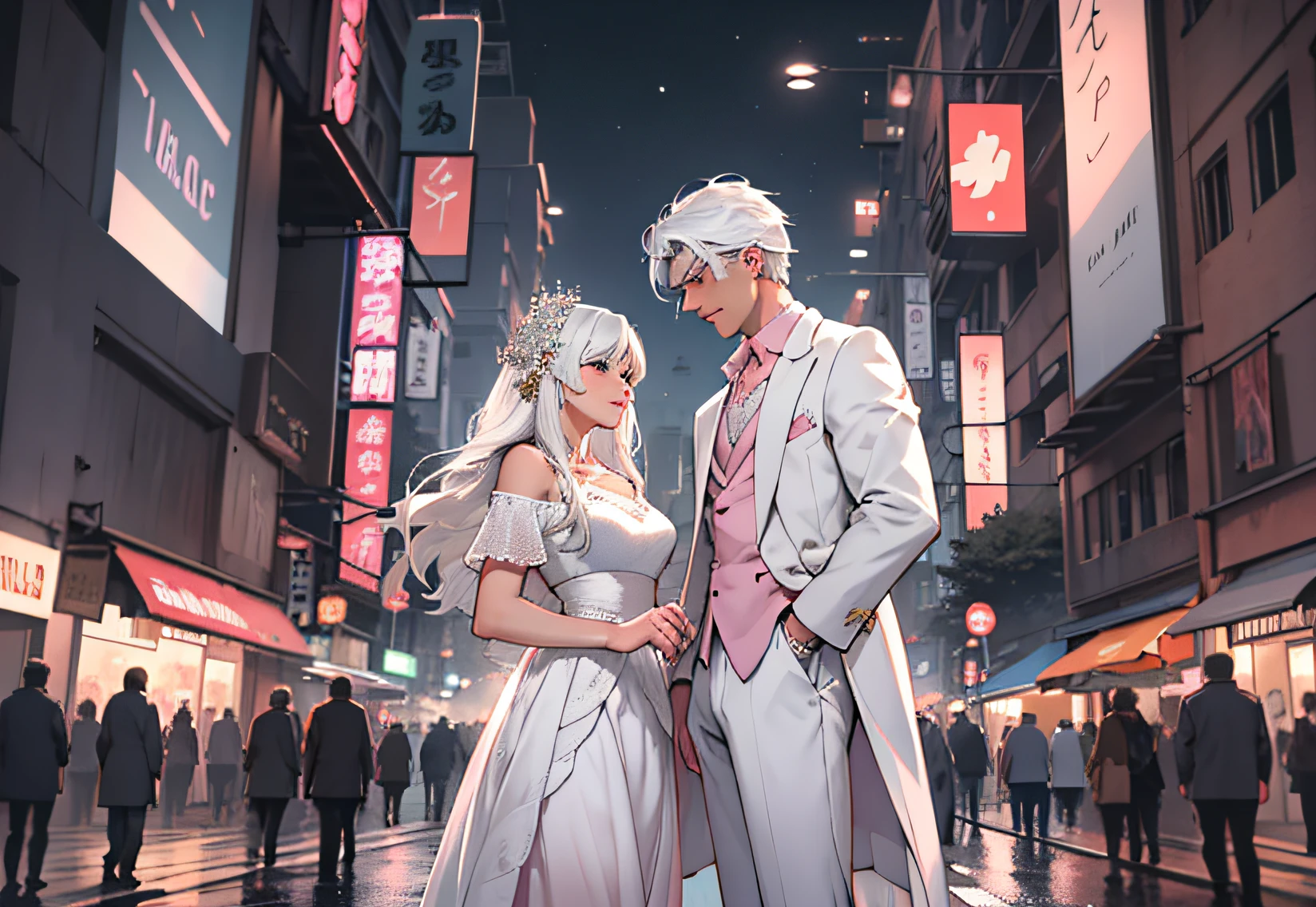 Masterpiece, Best Quality, Realistic, Ultra Detailed, Portrait of a young man under a bustling night scene, handsome looking White hair white suit and young woman in pink long skirt standing hand in hand, a match made in heaven