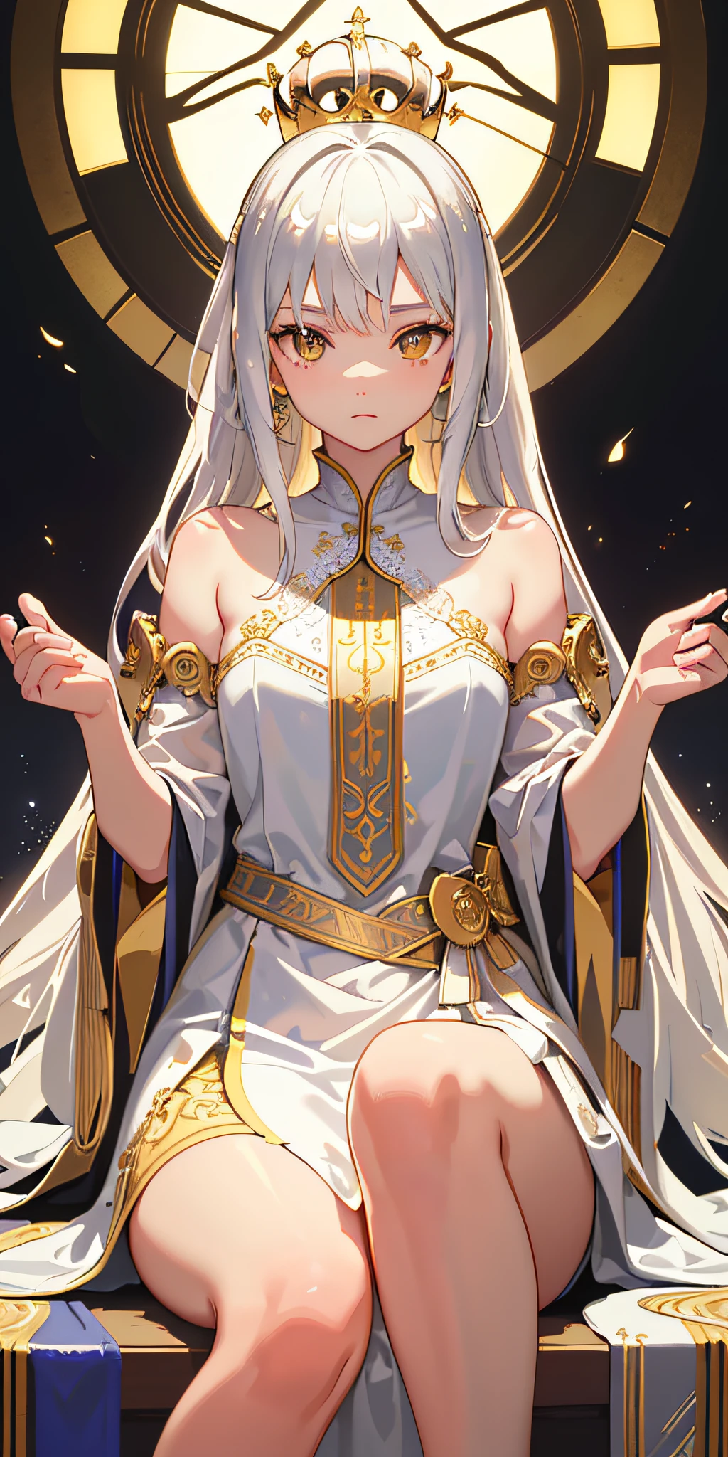 (Masterpiece:1.2), best quality, (illustration:1.2), (ultra-detailed), hyper details, (delicate detailed), (intricate details), (cinematic light, best quality Backlights), clear line, from below, soloist, perfect body, (1girl), white hair and yellow eyes, (emperor, black see-through clothes), (crown: 1.1), sitting on the throne, eyes slightly closed, head down, (shy: 1.2 ), (makeup), high contrast, (best illumination, an extremely create and beautiful), (cinematic light), colorful,