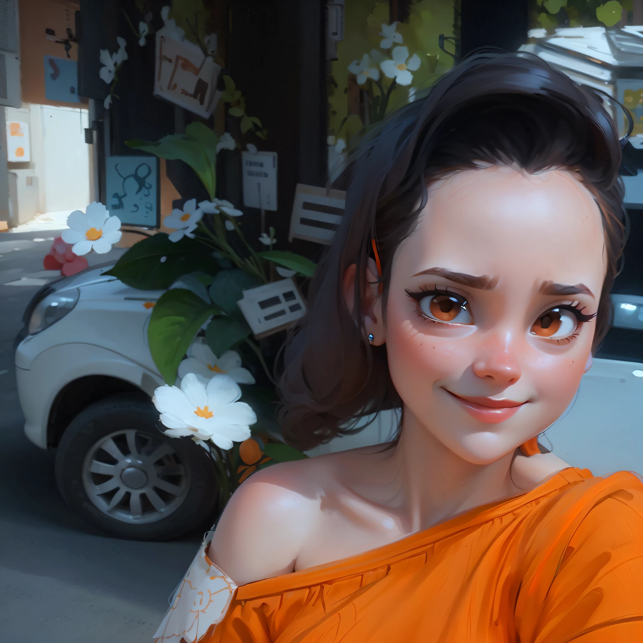 There is a woman in orange dress taking a selfie, cute woman, pixar style, change background, 8k, 3d