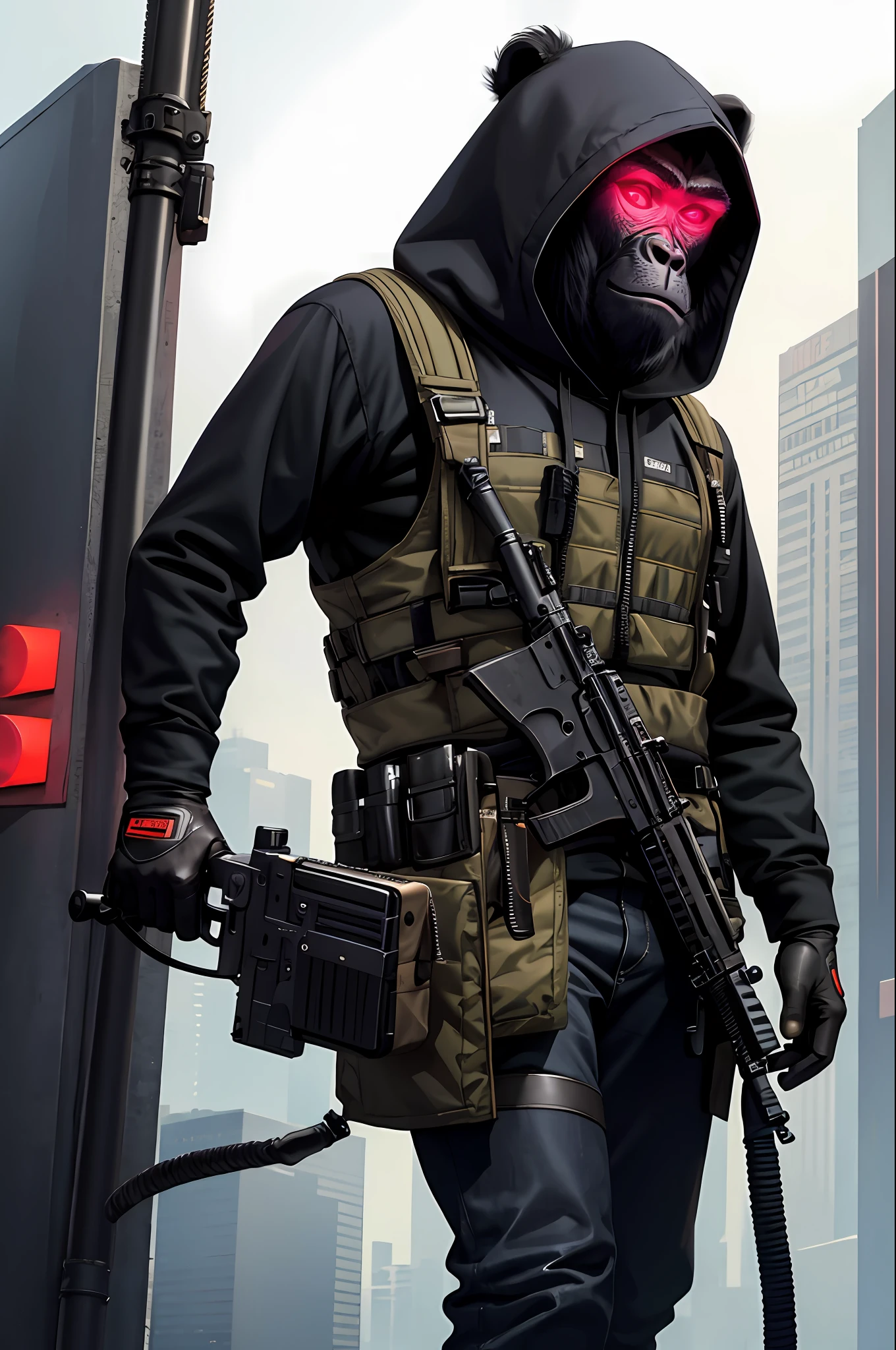masterpiece, best quality, realistic , fashion monkey, gorilla, blur, book, cable, cyberpunk, gloves, infrared sleeve with automatic rifle in hand, hood, solo,