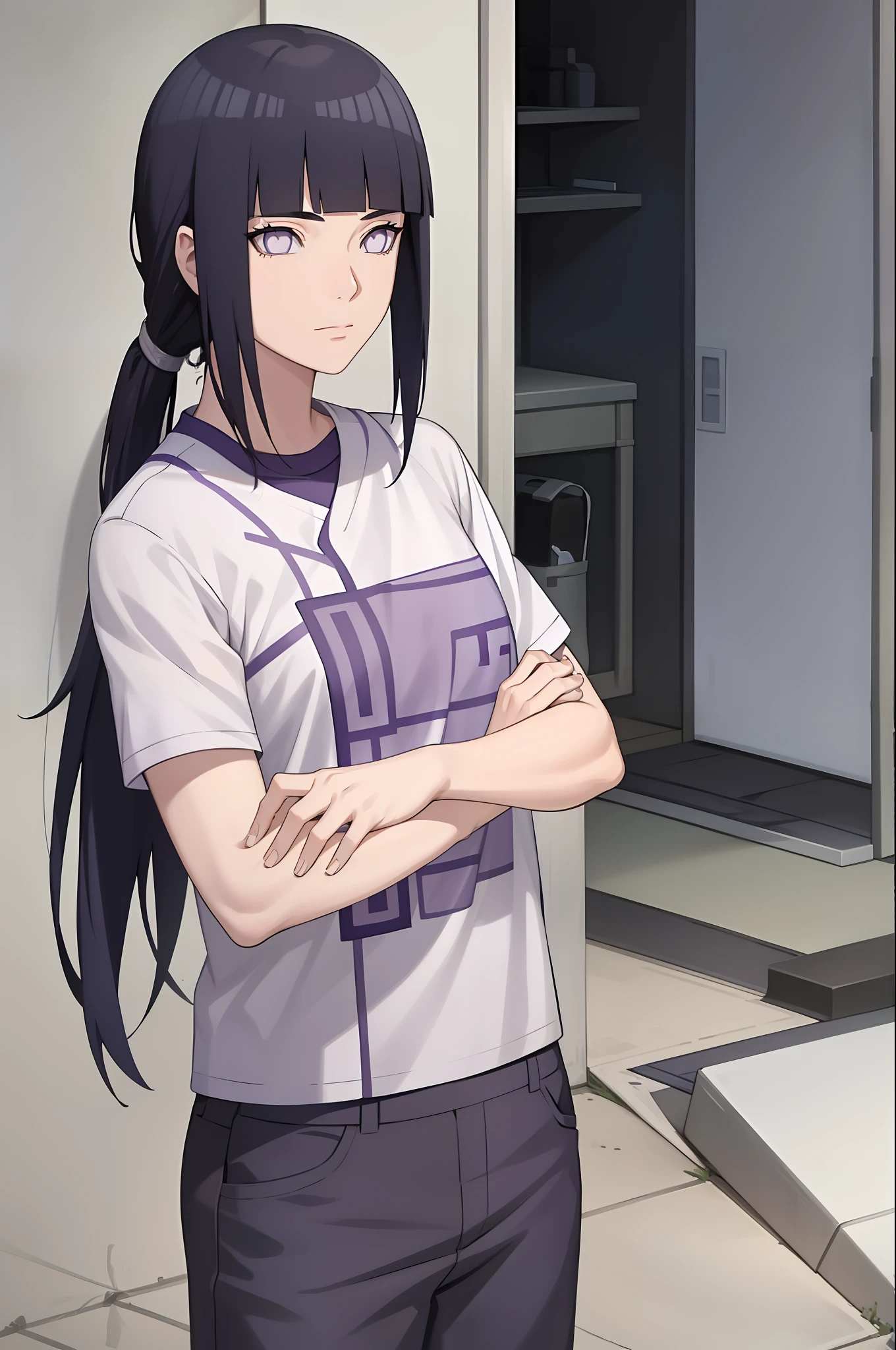 Anime girl with long black hair standing in front of a door - SeaArt AI