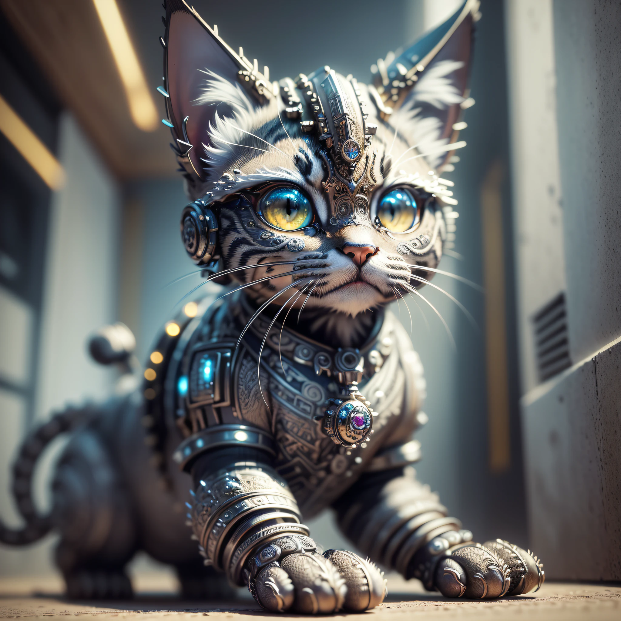 ((Best quality)), ((masterpiece)), (detailed: 1.4), 3D, a cute kitten made of metal, cyborg, cyberpunk style, (((intricate details)), hdr, (((intricate details, hyperdetailed)), cinematic shot, vignette