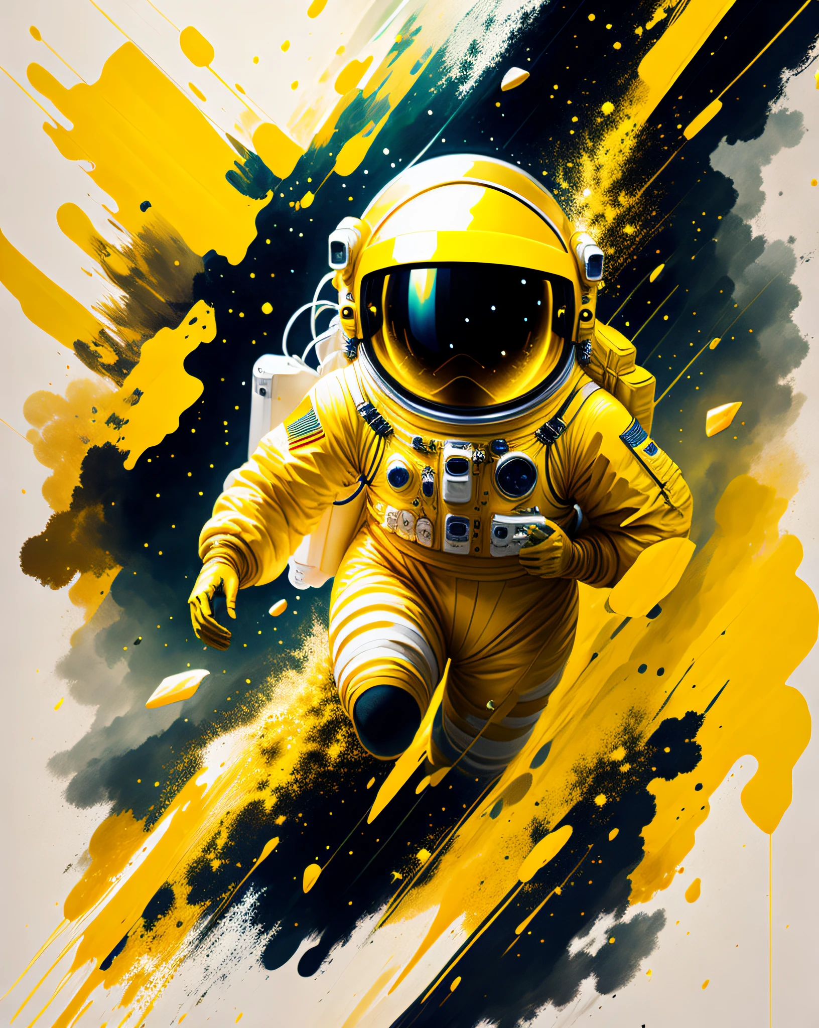 astronaut, climbing asteroid, character rendering, super high quality model, ethereal background, abstract beauty, explosion volume, oil painting, heavy stroke, paint dripping, yellow tones