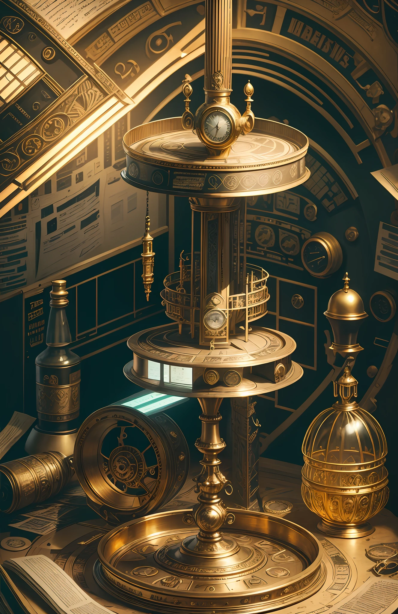 {Vaporwave/Steampunk/Solarpunk} ((Sherlock Holmes)) British Architecture Digest Photos, lots of paperwork, chemicals, inventions, messy rooms, golden lights, surrealism and award-winning masterpieces with incredible details, breathtakingly magnificent --auto --s2